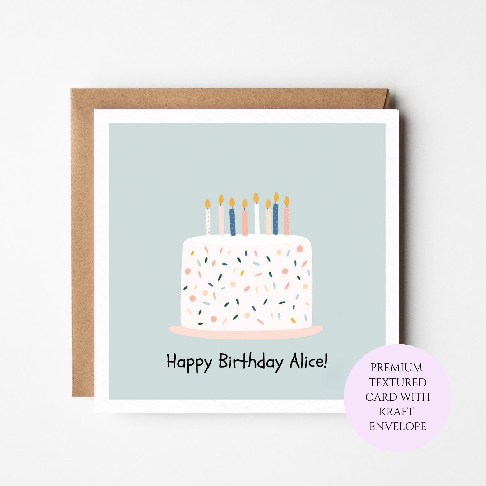 Personalized Birthday Cake Card for Sister, Friend, Mum – Pastel Sprinkles Design
