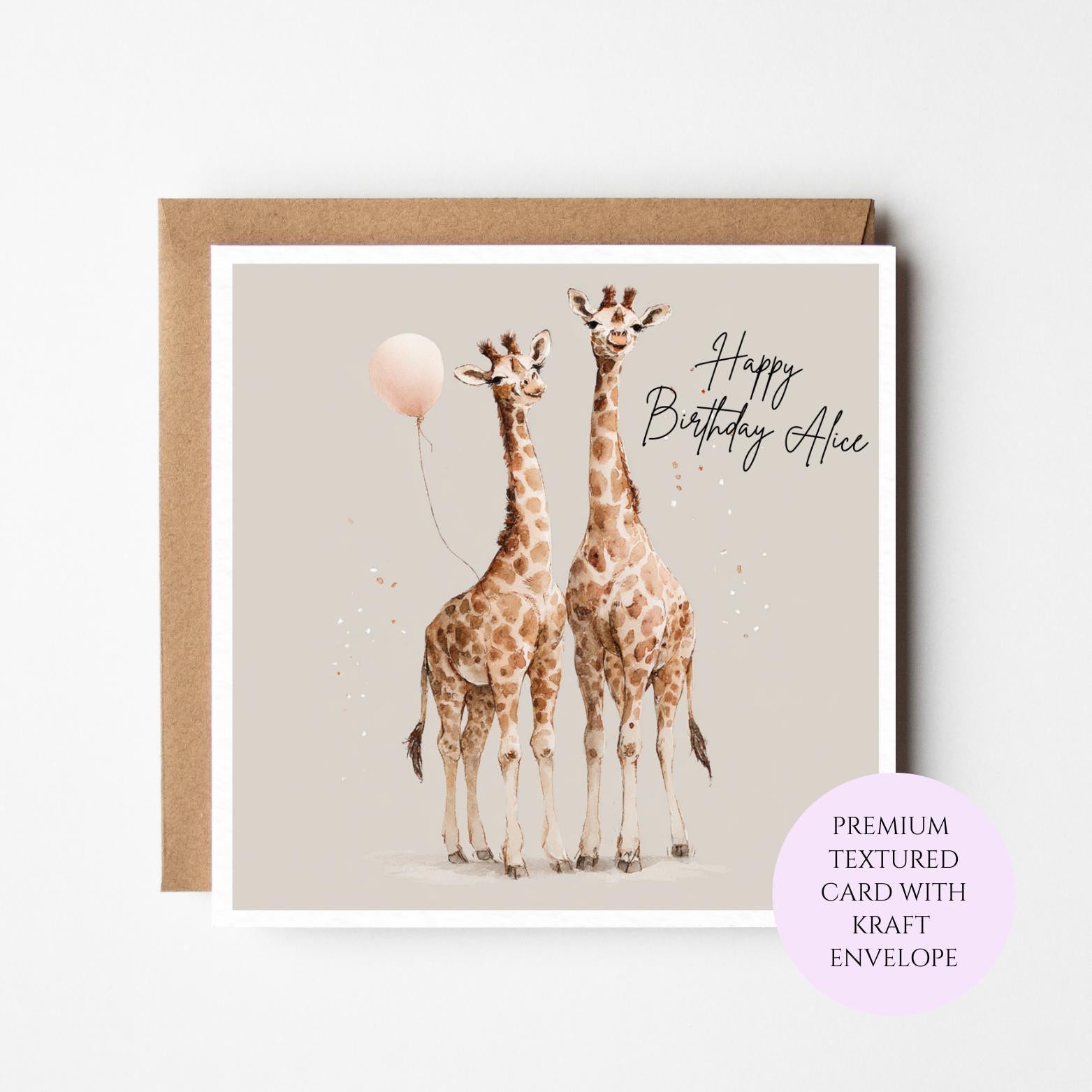 Personalised Giraffe Birthday Card: Watercolour Animal Design