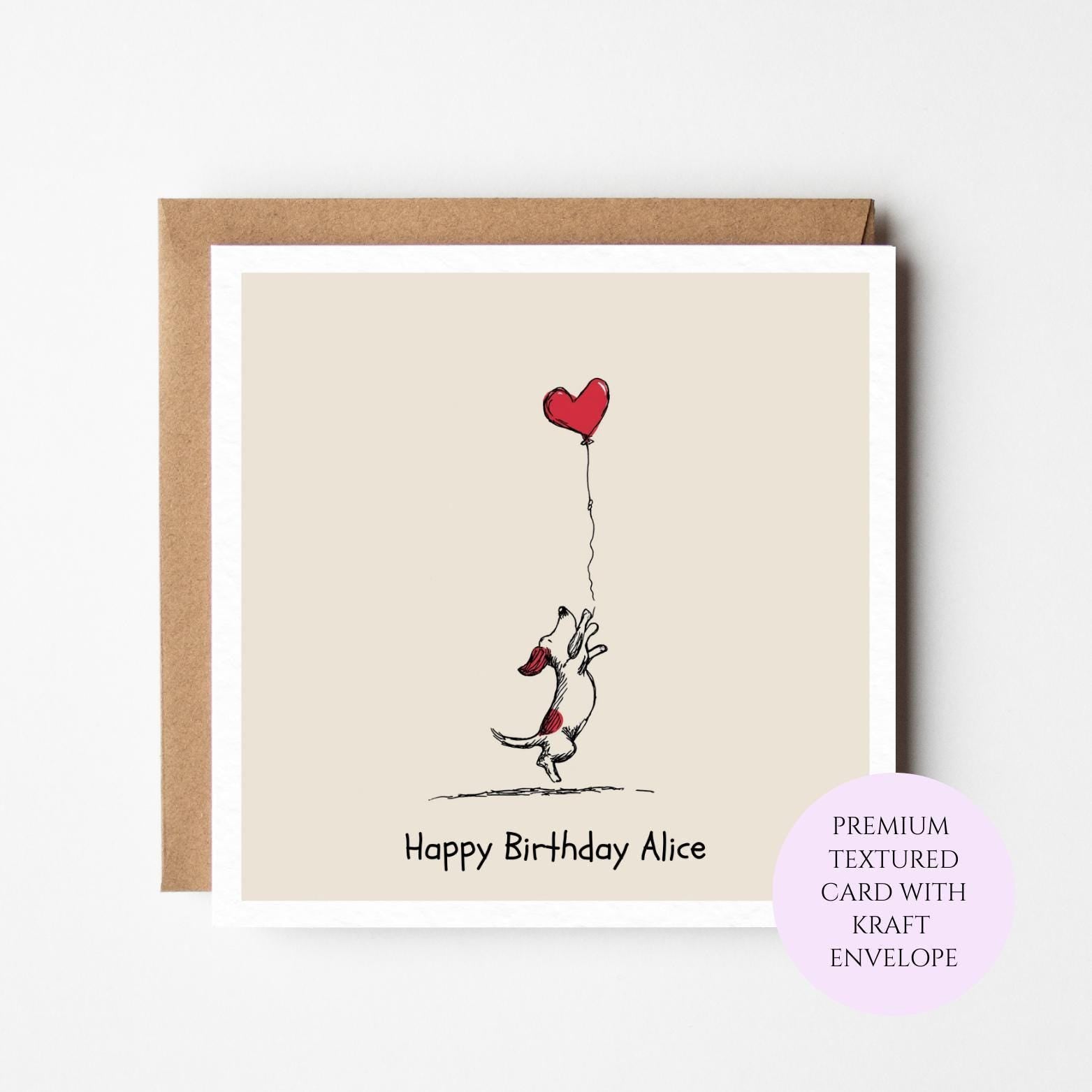 Dog with Heart Balloon Birthday Card, Whimsical Animal Greeting Card