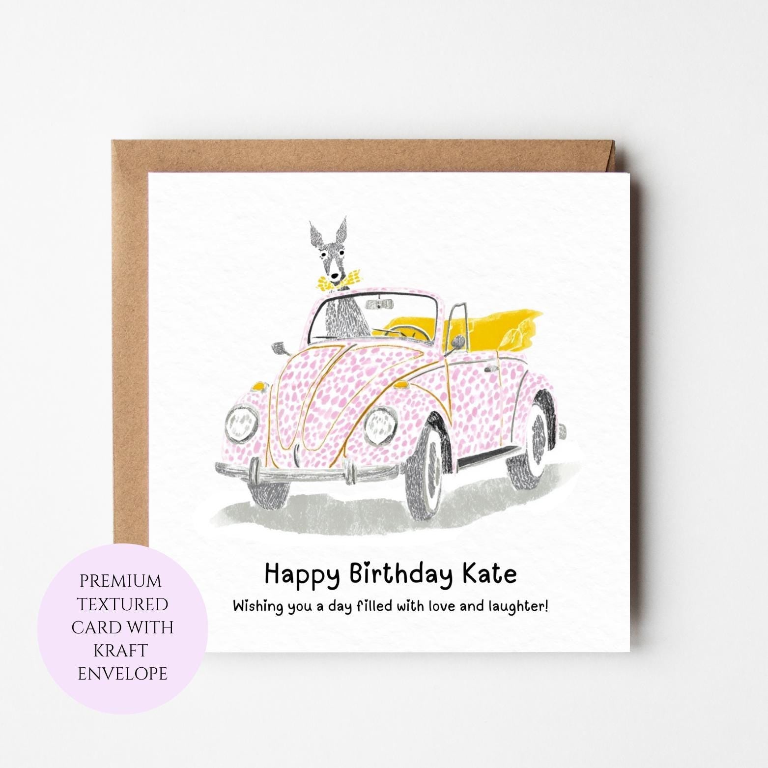 Dog Driving Pink Car Birthday Card for Friend, Dog Lover Greeting