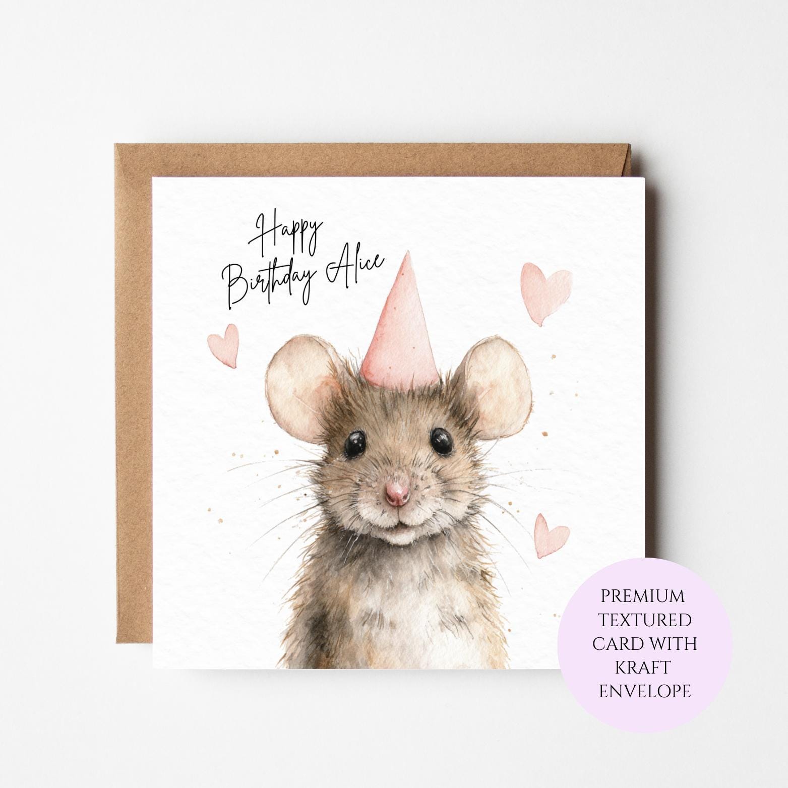 Personalised Watercolour Mouse Birthday Card – Sister, Friend, Mum Daughter Gift