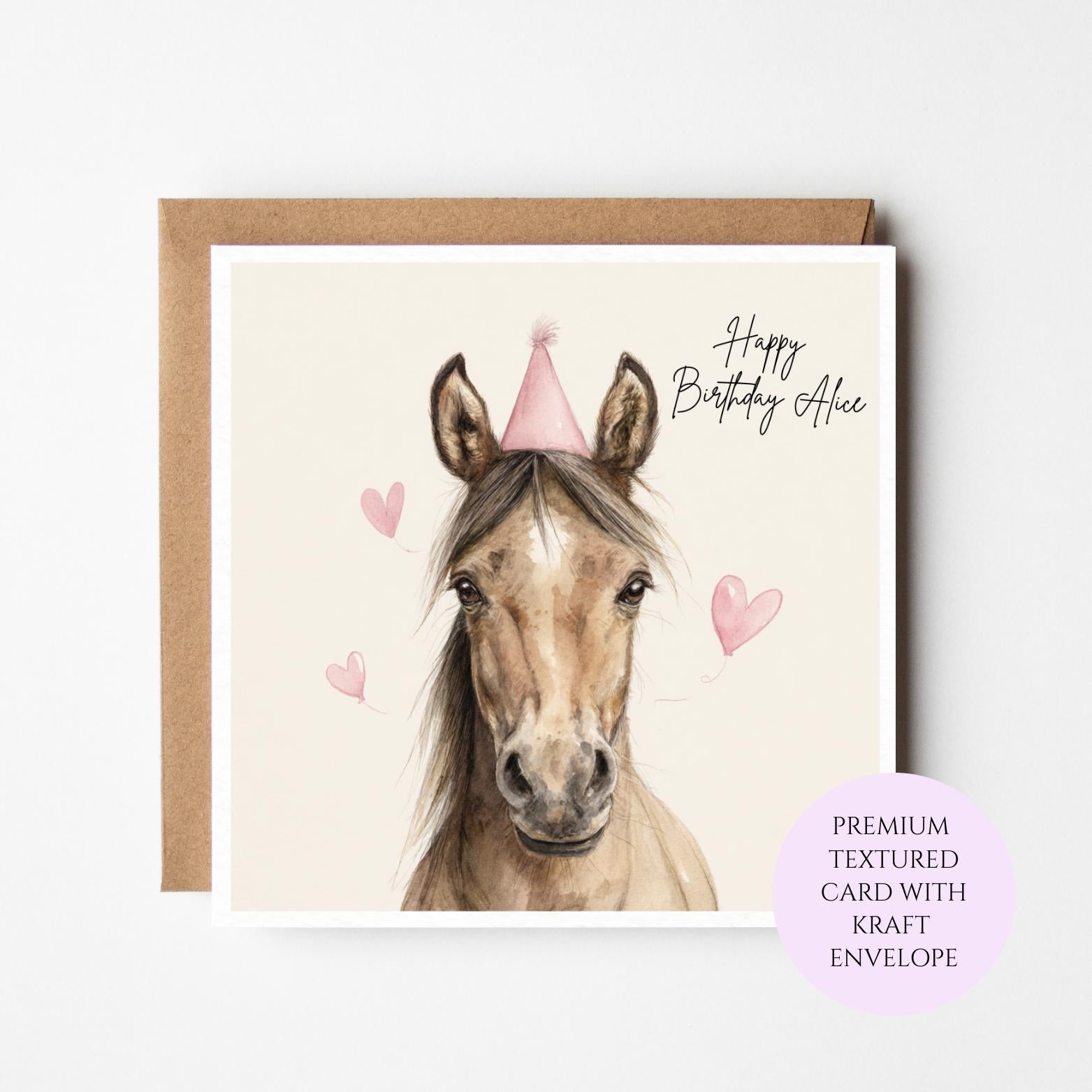 Personalised Watercolour Horse Birthday Card – Elegant Equestrian Art for Her