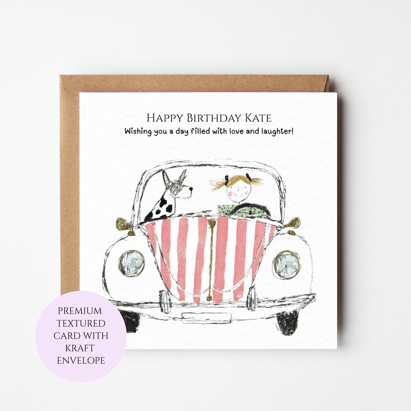 Dog in Car Birthday Card for Friend, Sister – Whimsical Pet Lover Greeting