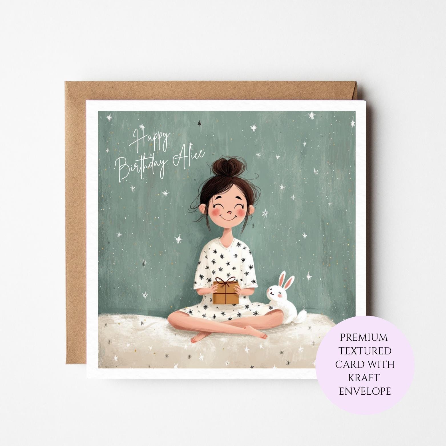 Girl and Bunny Birthday Card: Whimsical Illustration for Daughter or Friend