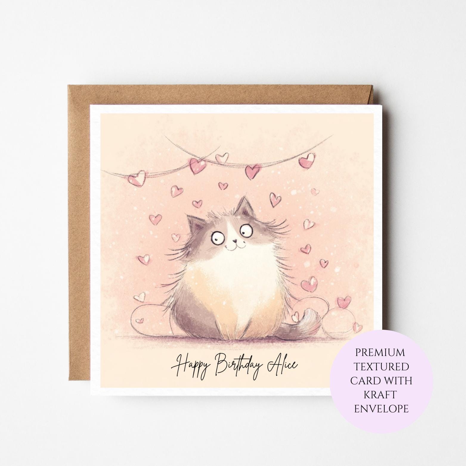 Fluffy Cat Birthday Card with Hearts – Whimsical Cat Lover Greeting