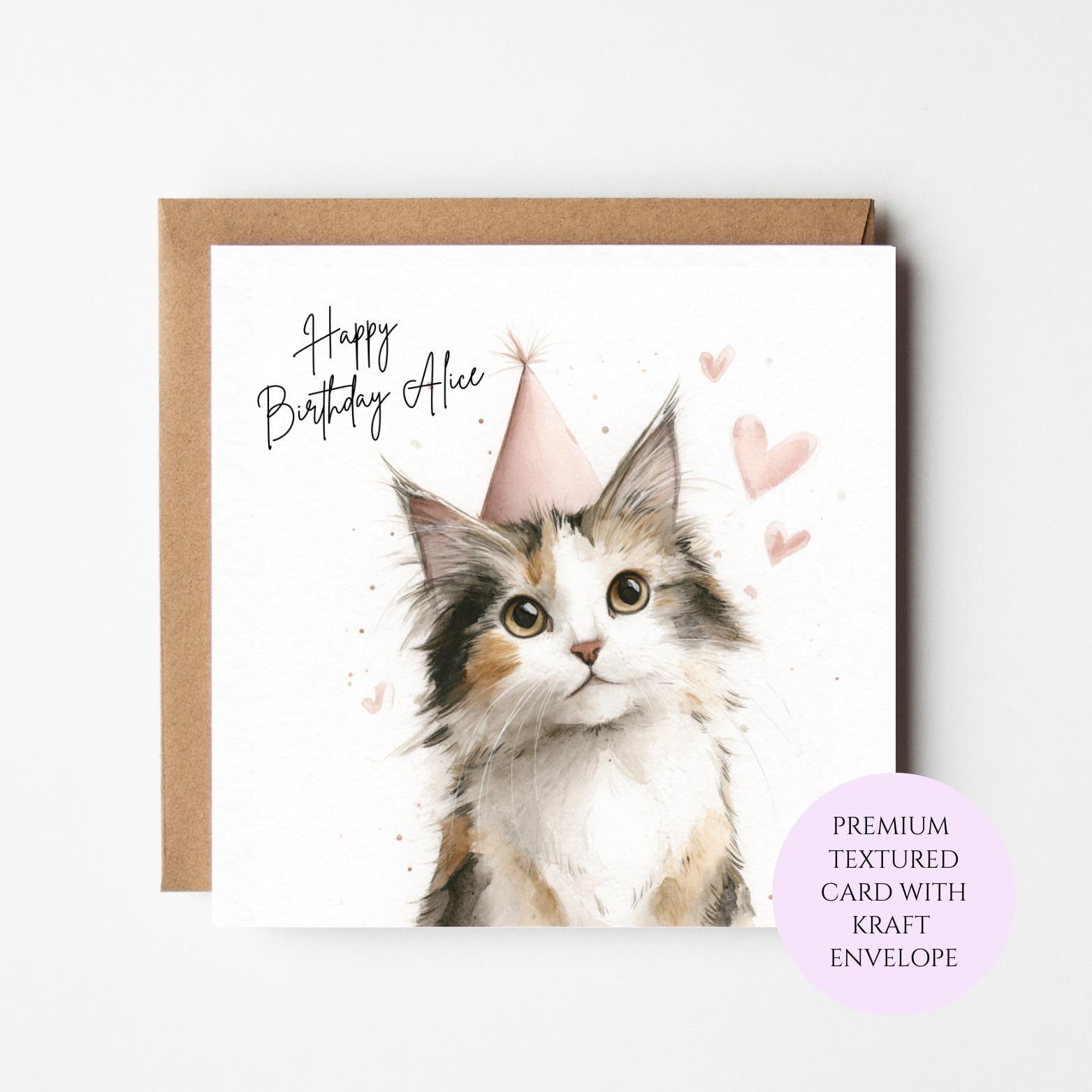 Personalised Calico Cat Birthday Card – Watercolour Fluffy Cat Art Greeting