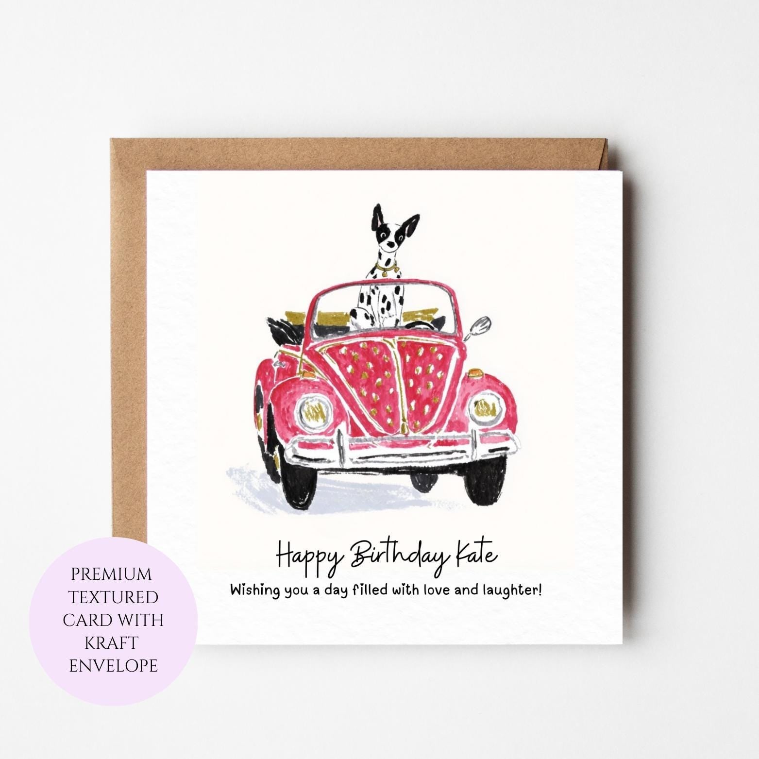 Dog Driving Car Birthday Card for Dog Lover, Friend, Sister – Humorous Pet Illustration