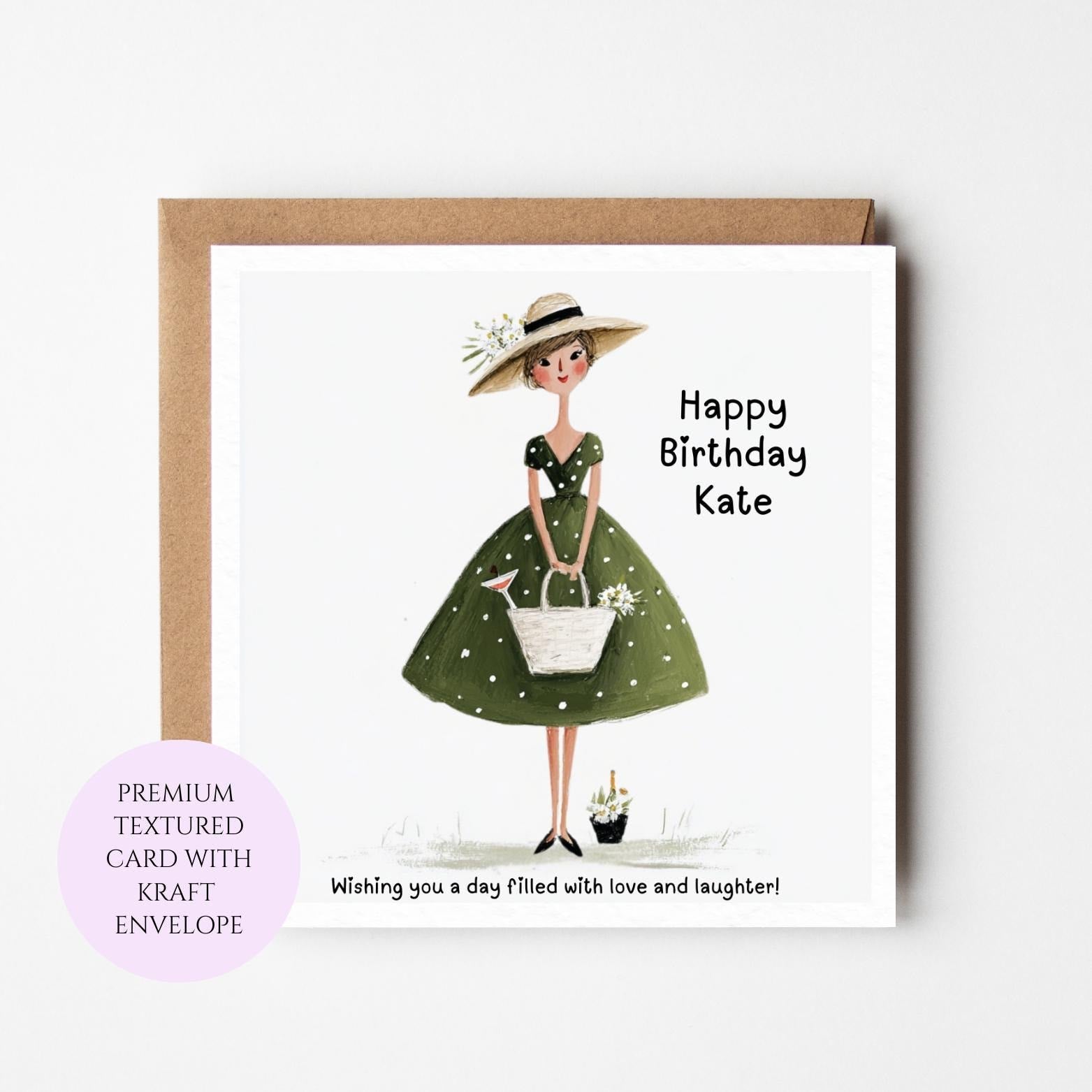 Floral Birthday Card for Friend, Sister, Girly Wishes, Happy Birthday Kate