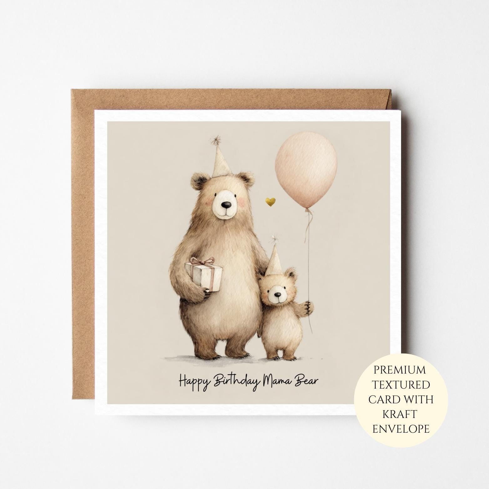 Mama Bear Birthday Card, Personalised from Daughter Son, Textured Card (Kraft Envelope)