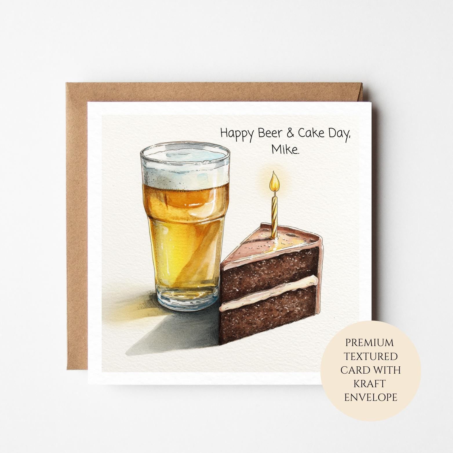 Beer and Cake Birthday Card | Funny Mens Card with Kraft Envelope