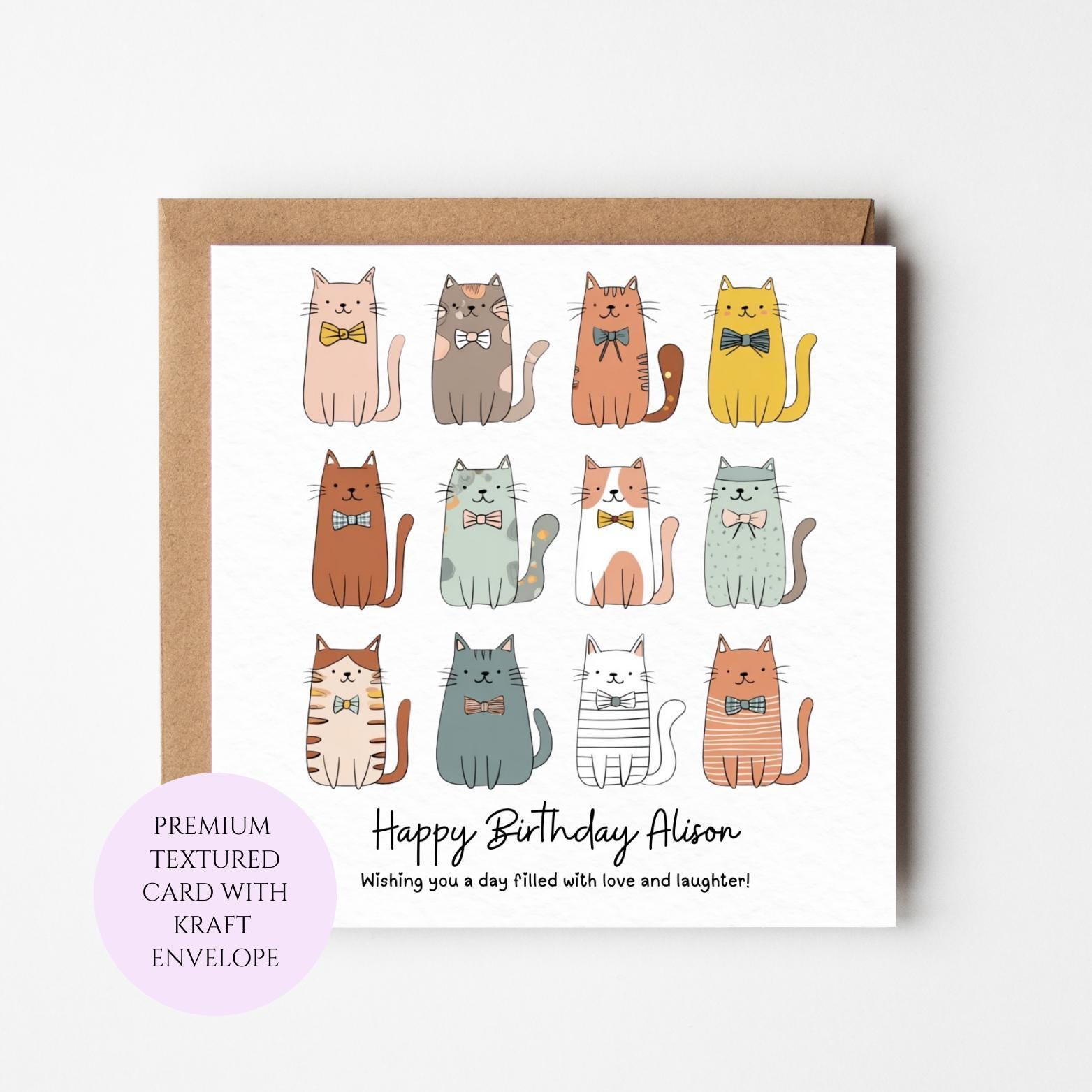 Cat Pattern Birthday Card for Lovers, Whimsical Animal Greeting (Kraft Envelope)