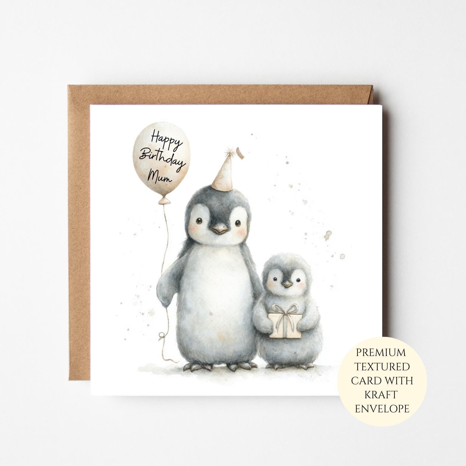 Personalised Penguin Birthday Card for Mum – Watercolour Animal Design