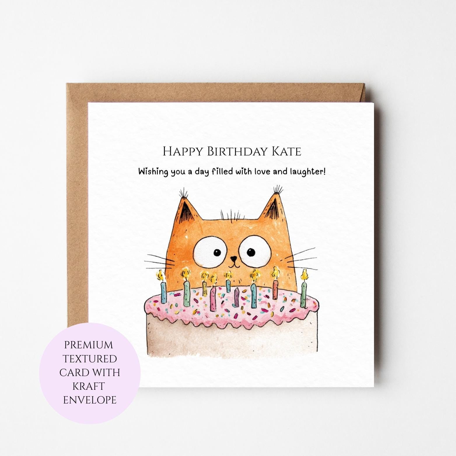 Cat Birthday Card: Whimsical Cat Cake Illustration, Blank Inside, Kraft Envelope
