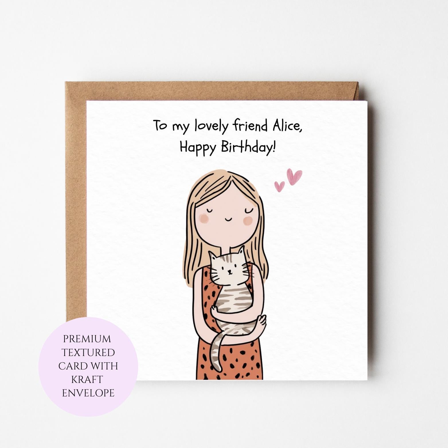 Friend Birthday Card, Cat Lover Illustration, Textured Card with Kraft Envelope