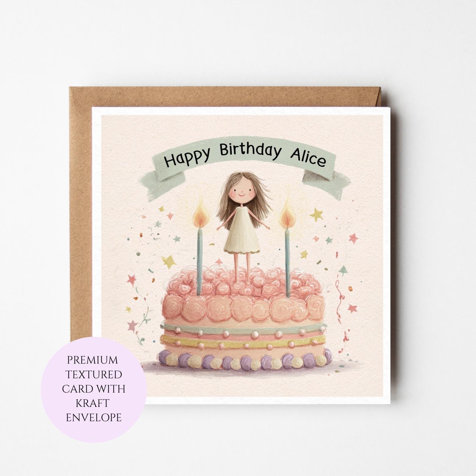 Personalised Birthday Card for Daughter, Illustrated Cake Design, Kraft Envelope