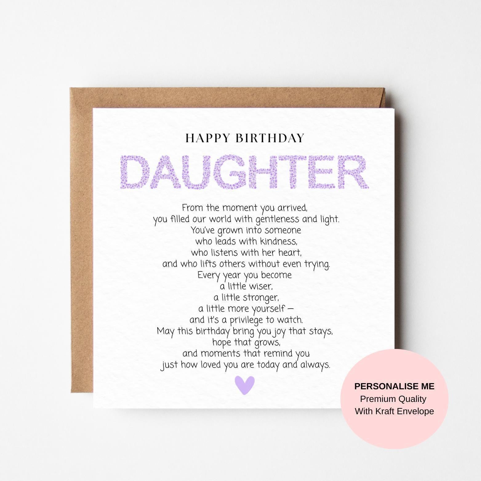 Daughter Birthday Card – Sentimental Poem, (Kraft Envelope)
