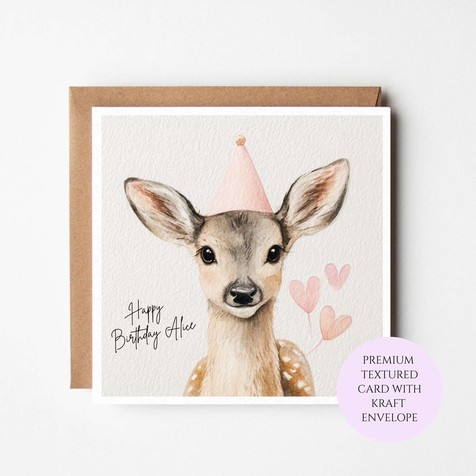 Personalised Deer Birthday Card – Watercolour Woodland Animal Design, Sister, Friend, Mum, Daughter