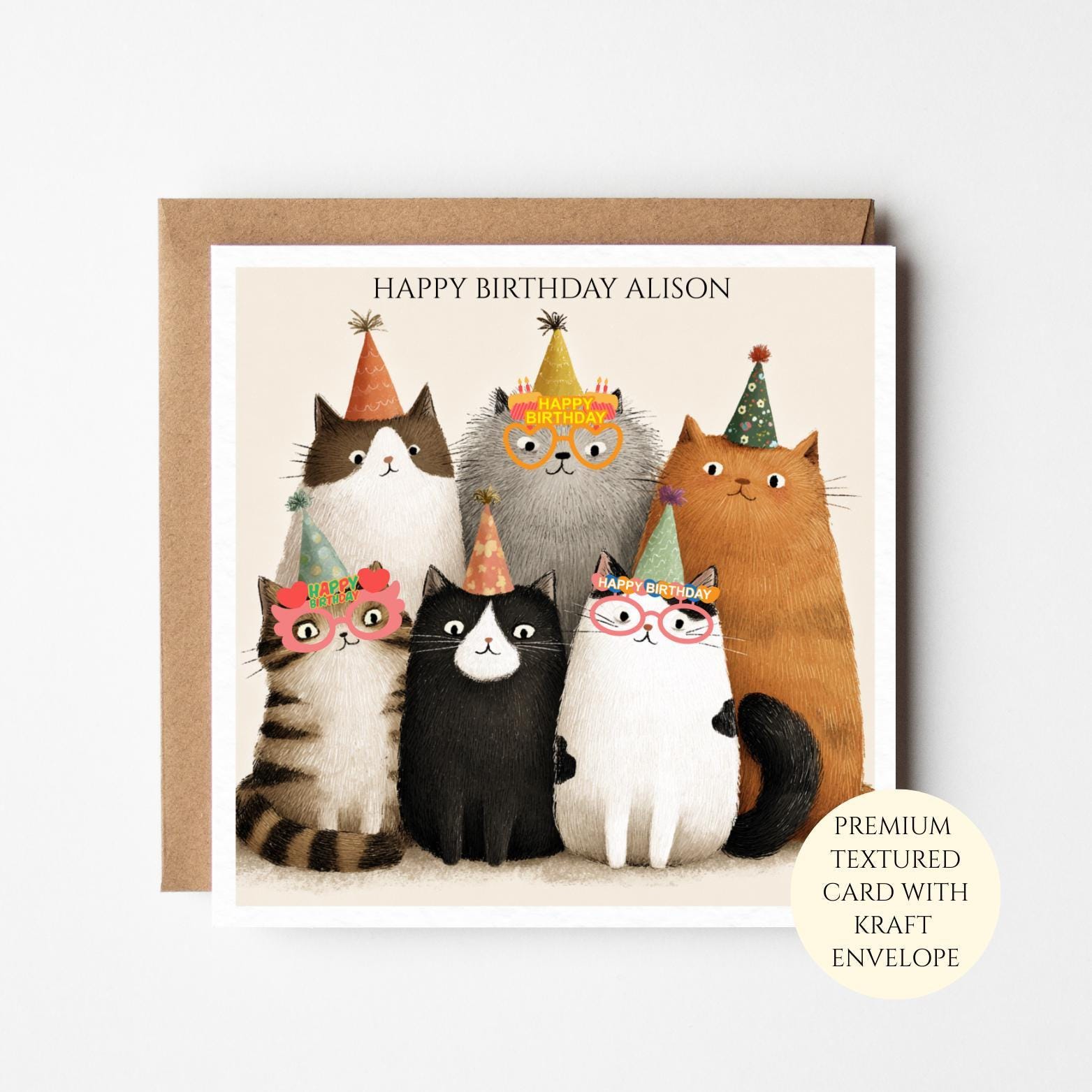 Personalised Watercolour Cats Birthday Card – Party Cats, Friend or Daughter Gift