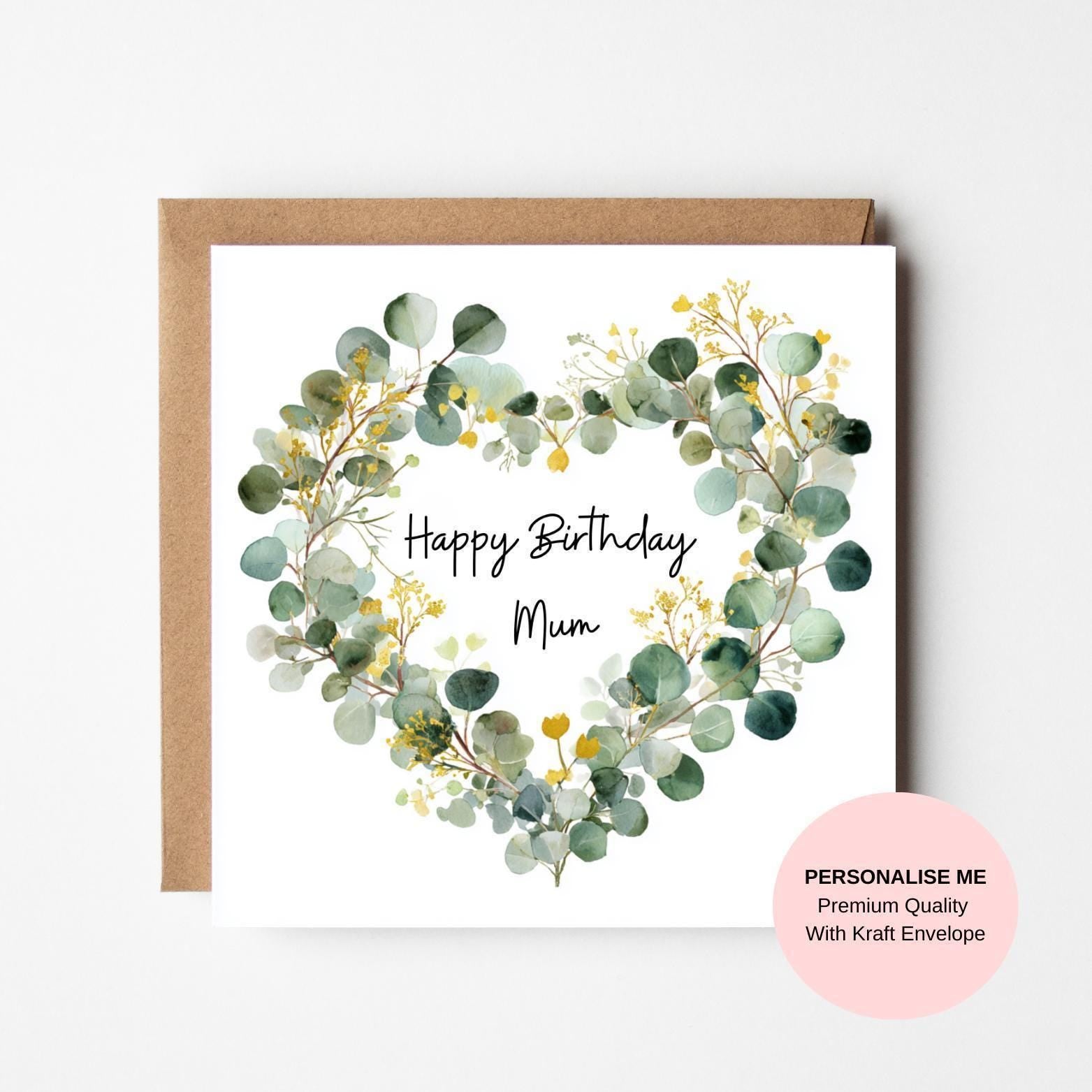 Elegant Floral Heart Birthday Card for Mum – Nature Inspired Design, Kraft Envelope