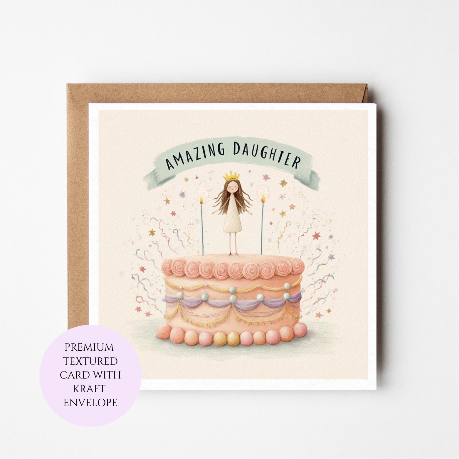 Daughter Birthday Card, Illustrated Cake, Heartfelt Message, Textured Card Stock