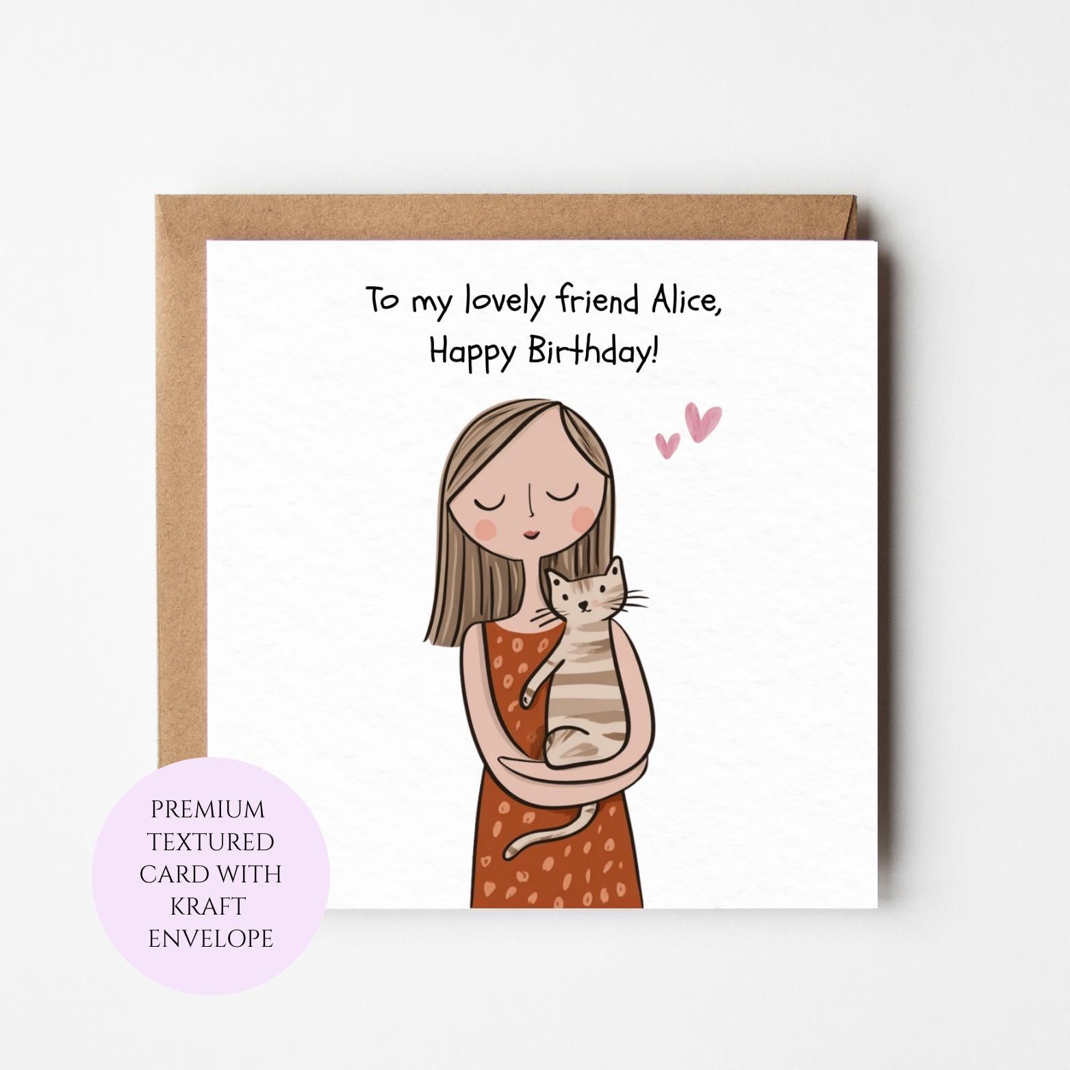 Cat Birthday Card for Friend, Whimsical Illustration, Textured Card (Kraft Envelope)