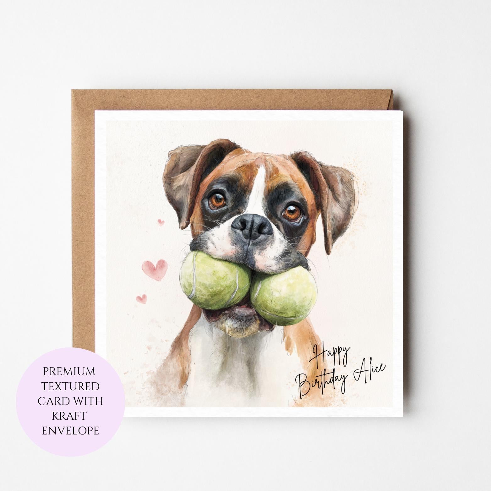 Boxer Dog Birthday Card, Watercolor Art, Tennis Balls