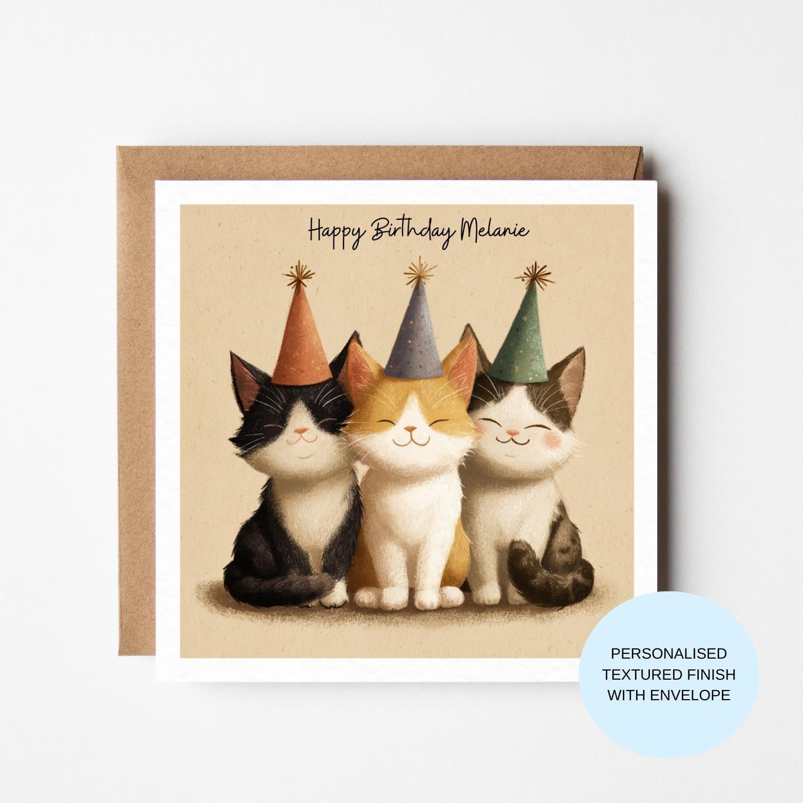 Personalised Cat Birthday Card | Three Cats Party Hats, For Her
