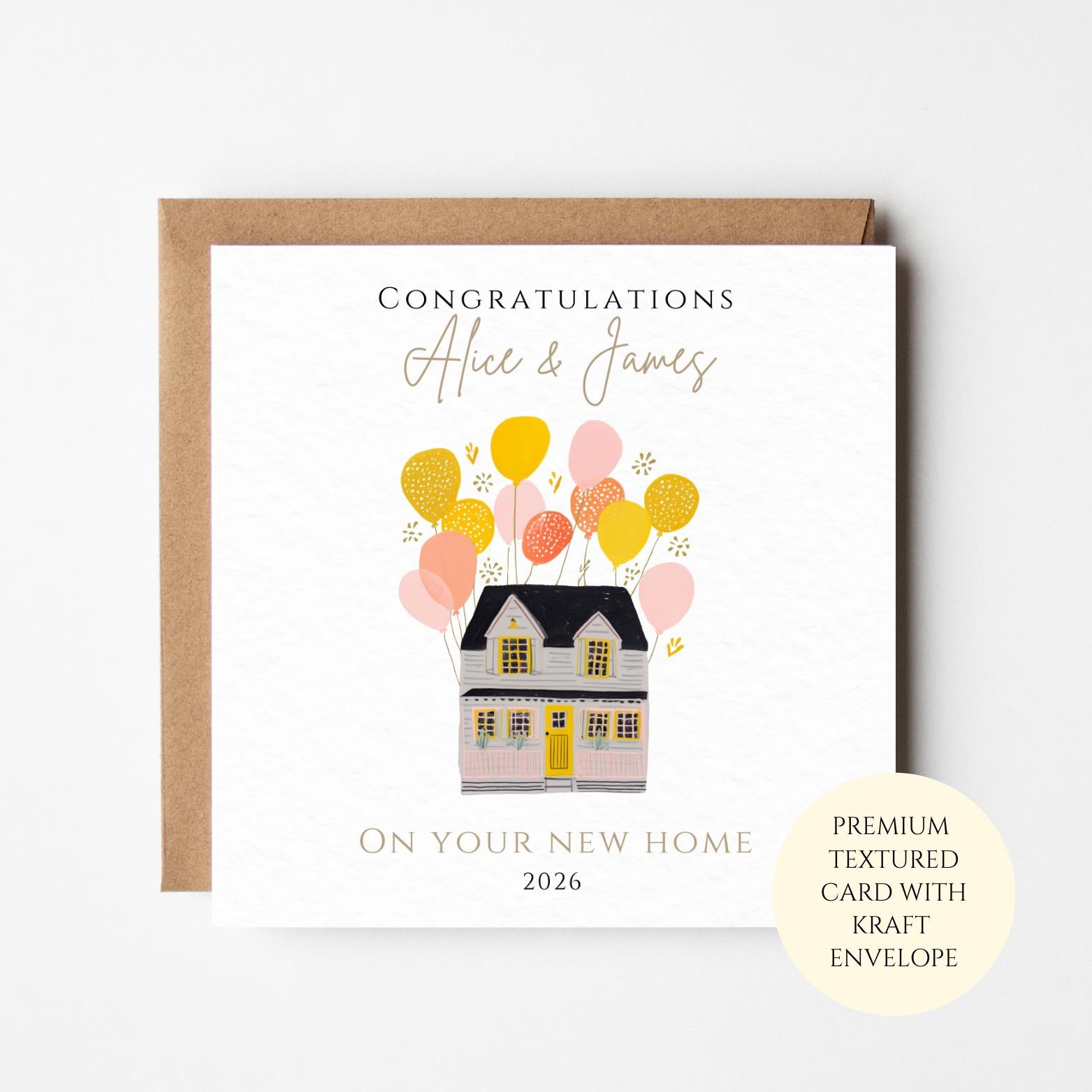 Personalised New Home Card: House with Balloons, Congratulations