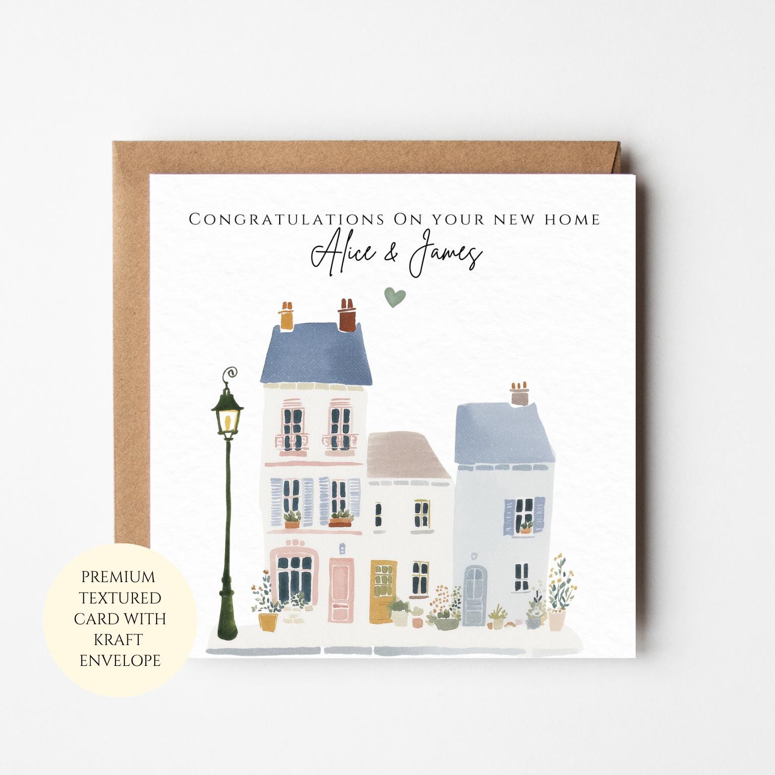 New Home Card: Elegant Watercolor Townhouse - Textured Luxury Paper