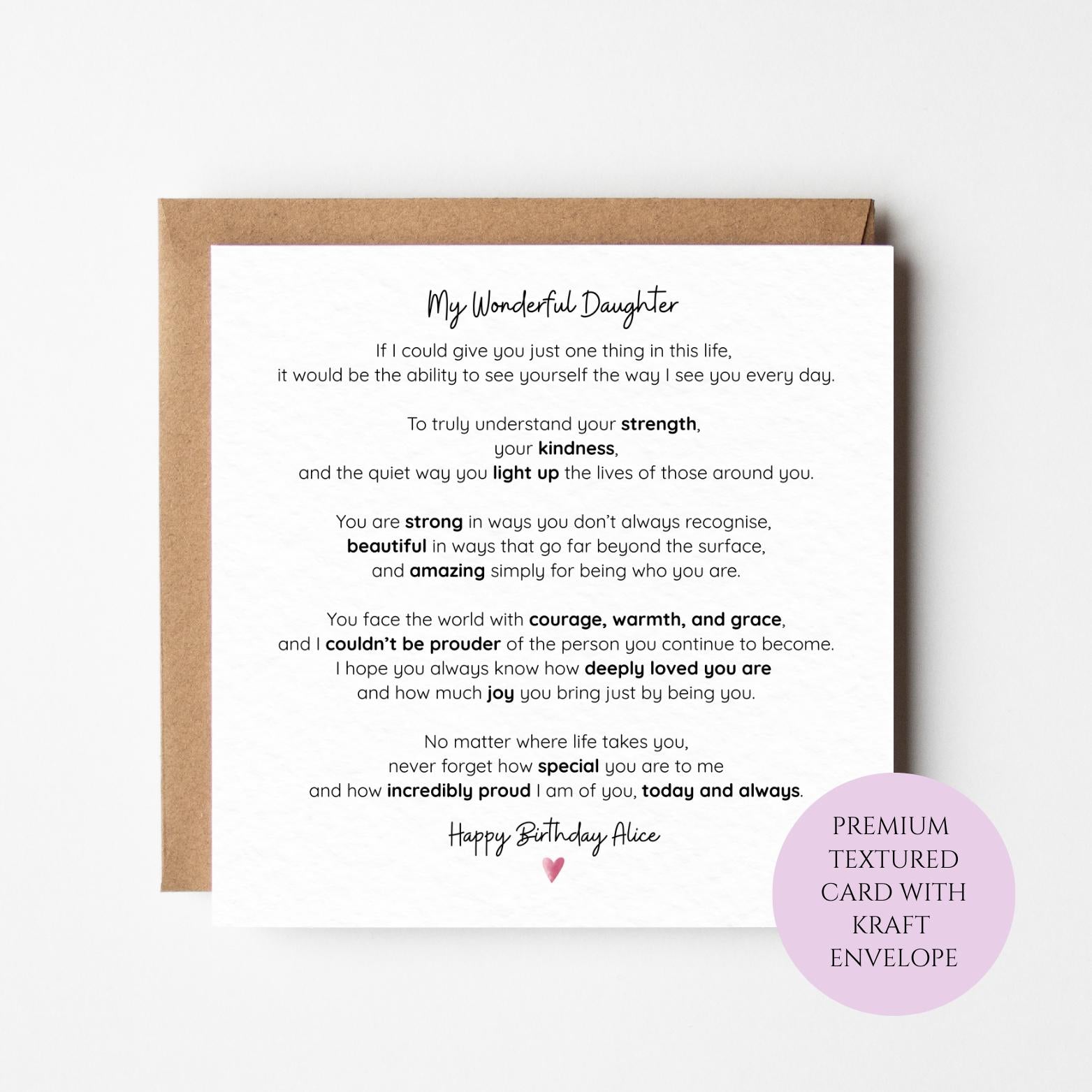 My Wonderful Daughter Birthday Card – Emotional Birthday Card for Daughter with Love