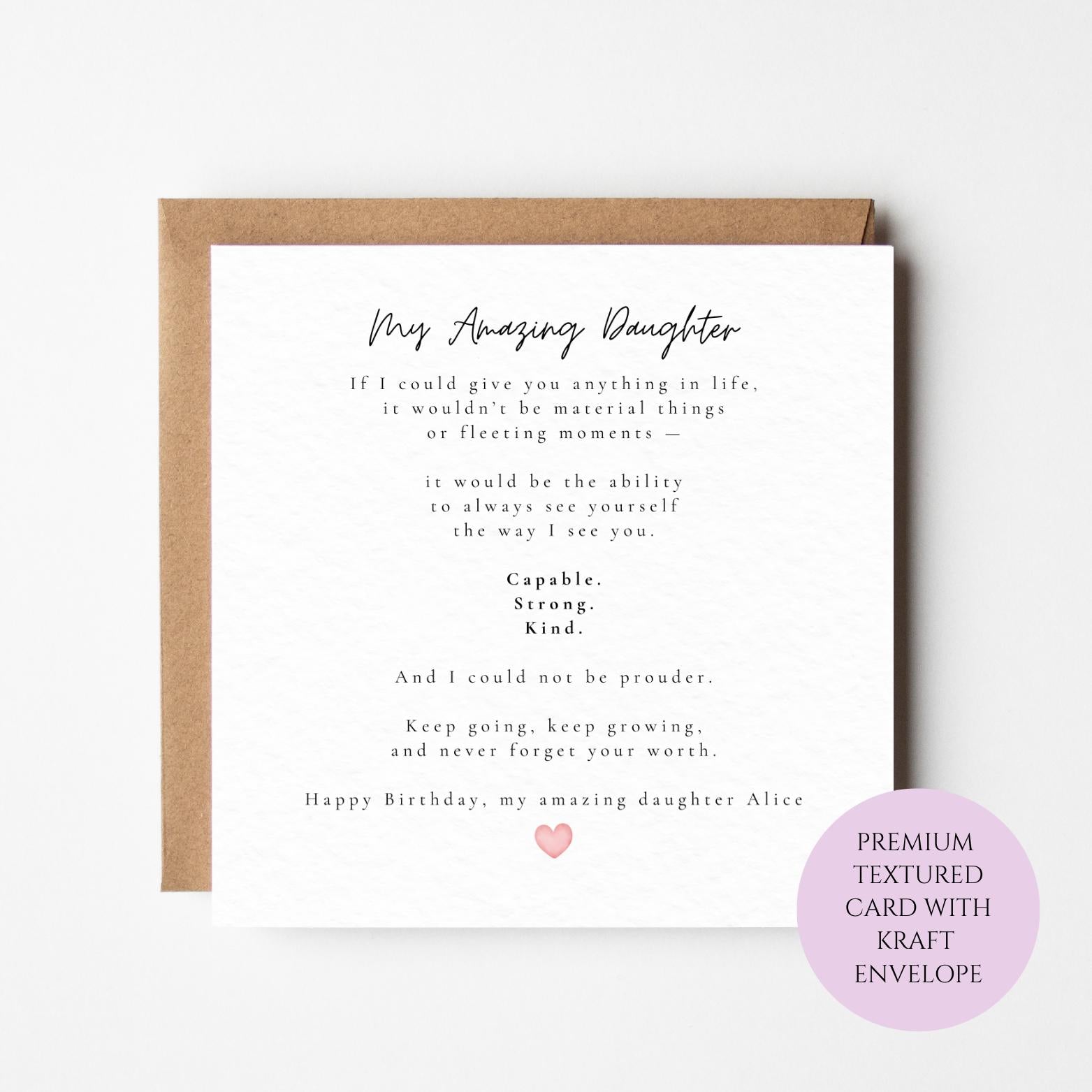 Personalised Daughter Birthday Card, Keepsake Message, Proud Love Card