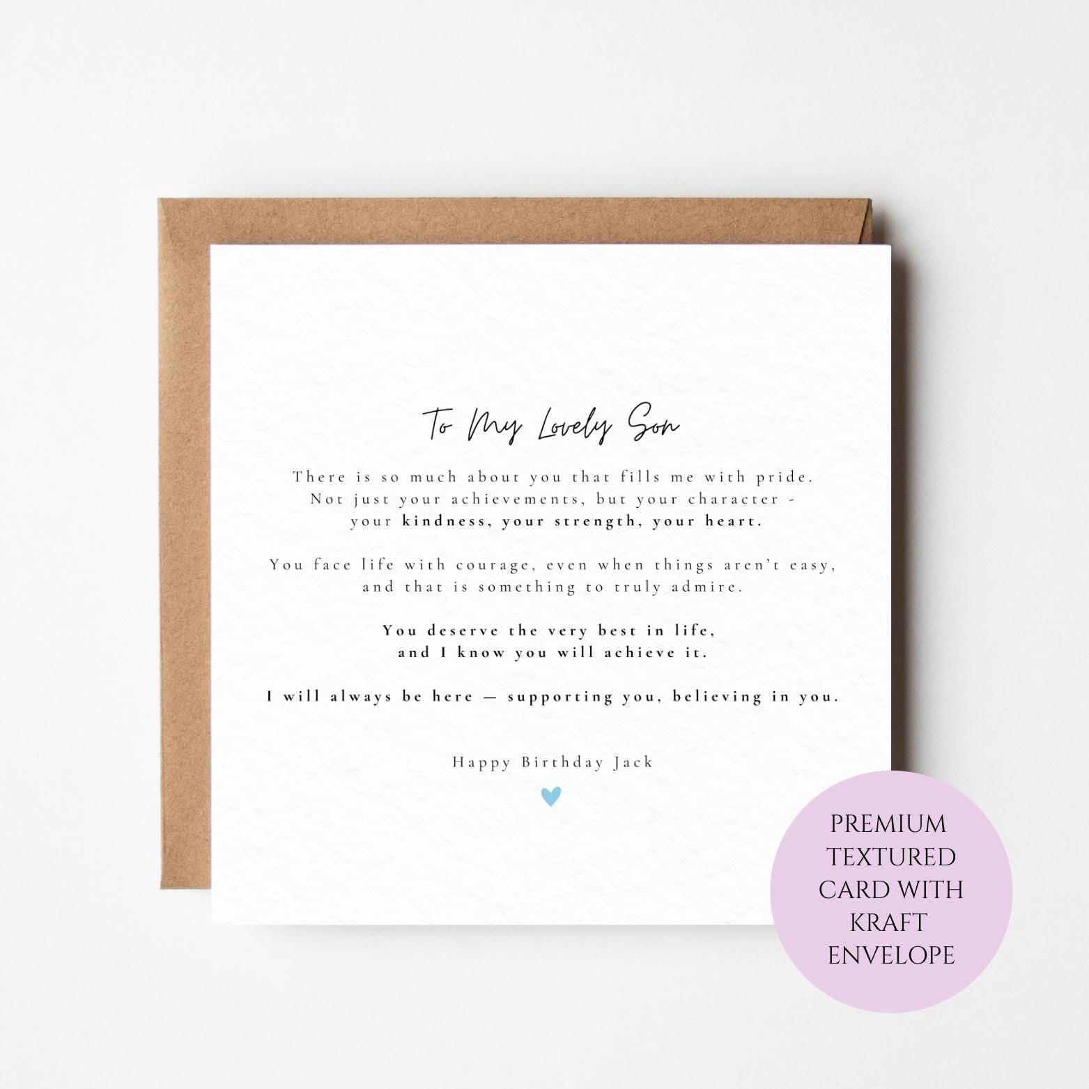 Personalised Son Birthday Card, Heartfelt Message, Keepsake, Textured Card