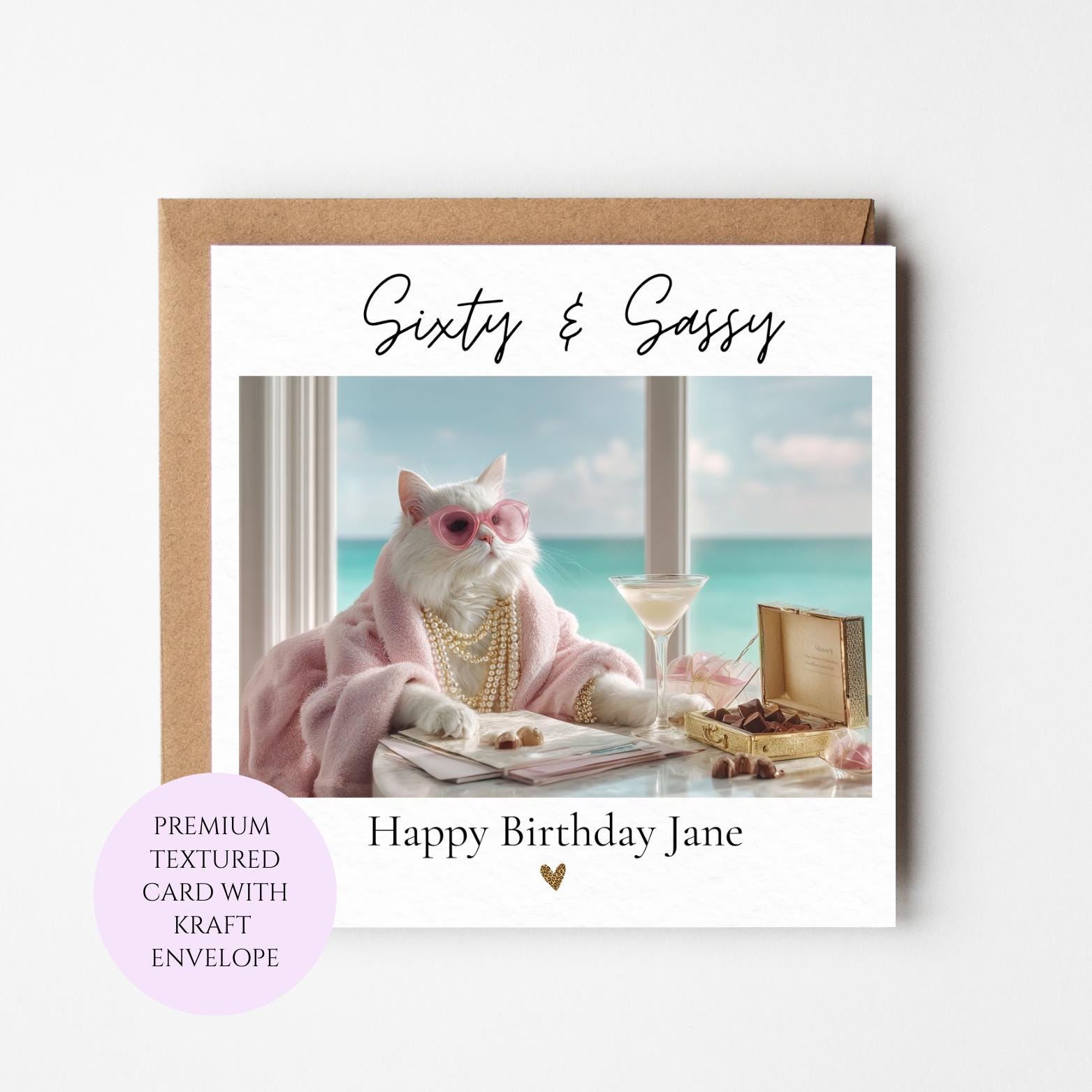 Sixty Sassy Birthday Card, Coastal Glam Cat, Luxury 60th Feline Lover