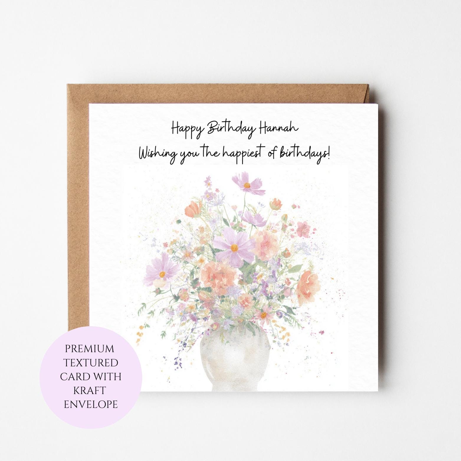 Watercolor Floral Vase Birthday Card, Elegant Pastel Flowers for Her