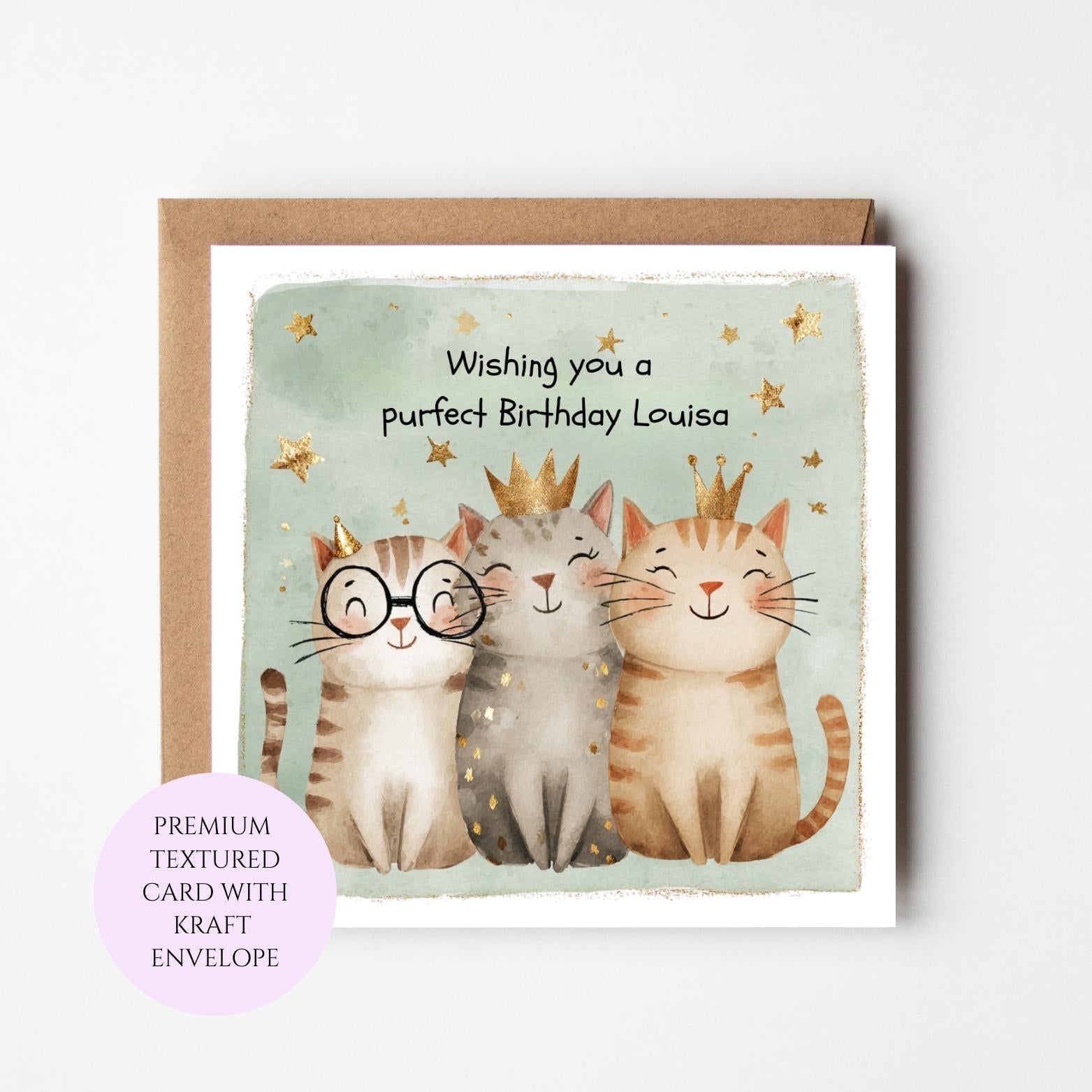 Pastel Cats Birthday Card, Whimsical Kittens with Crowns, Mint Background Greeting Card