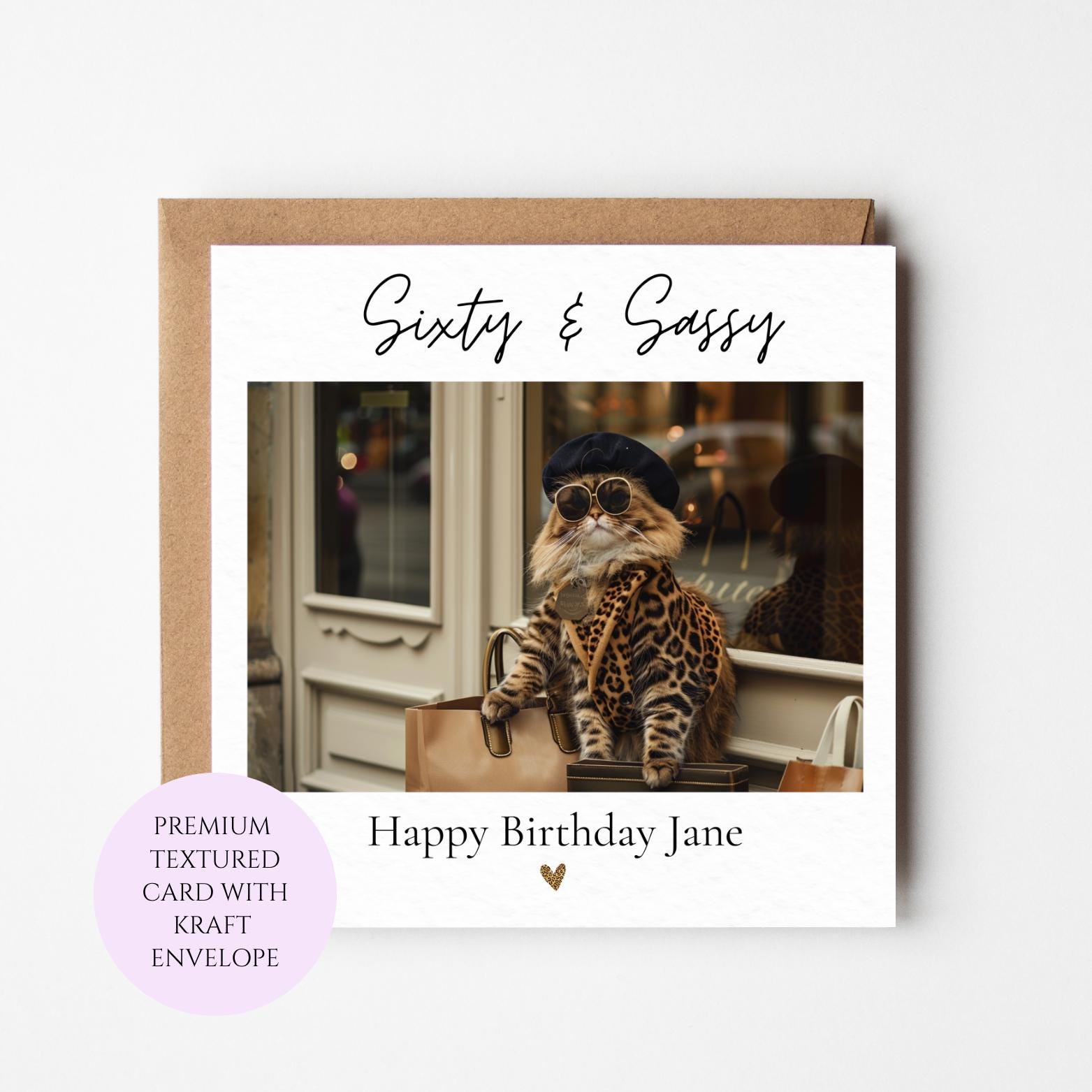 Sixty Sassy Birthday Card, Stylish Shopping, 60th Birthday, Cat Lover Gift
