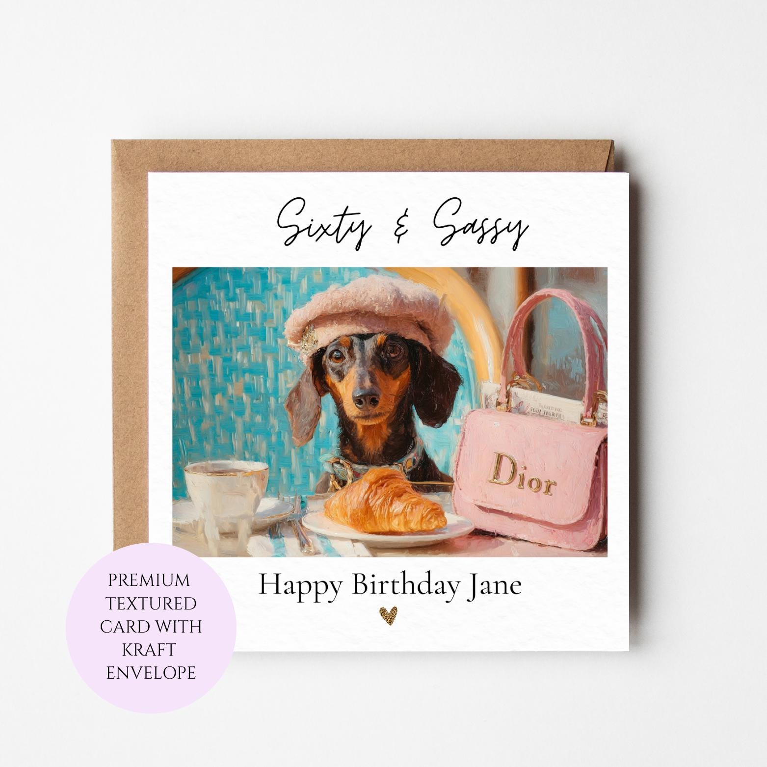 Sixty & Sassy Birthday Card, Chic Dachshund Café Art, 60th Dog Lover Greeting