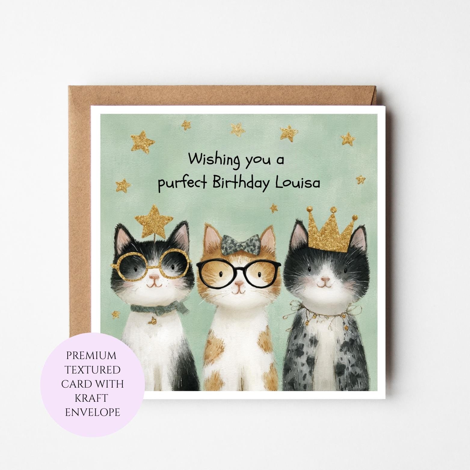 Cat Trio Birthday Card, Whimsical Cats with Glasses and Crowns, Funny Cat Lover Greeting