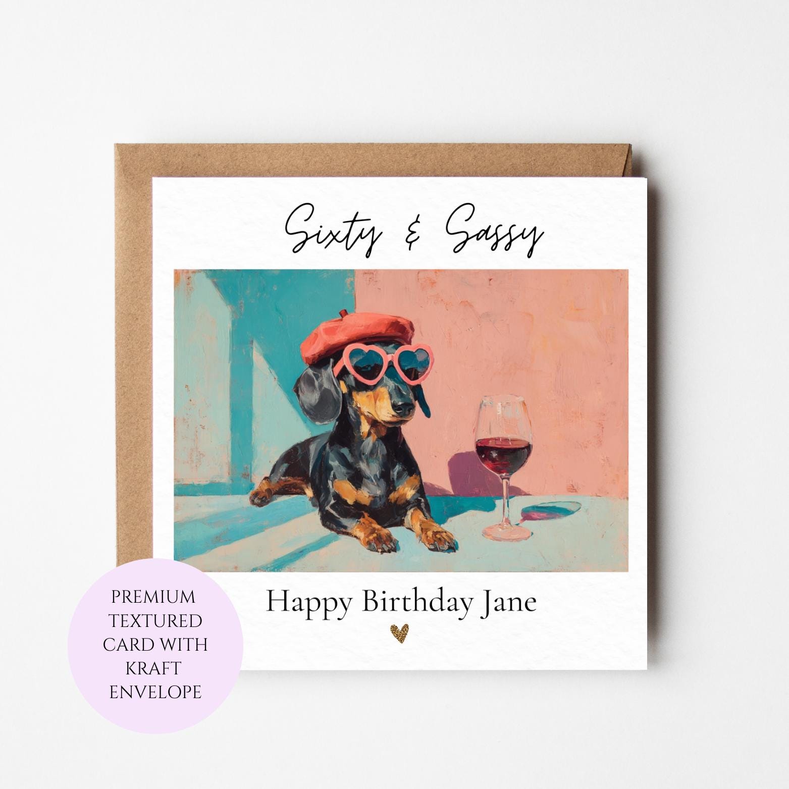 Sixty Sassy Dachshund Birthday Card, Wine Lover Dog Gift for Her