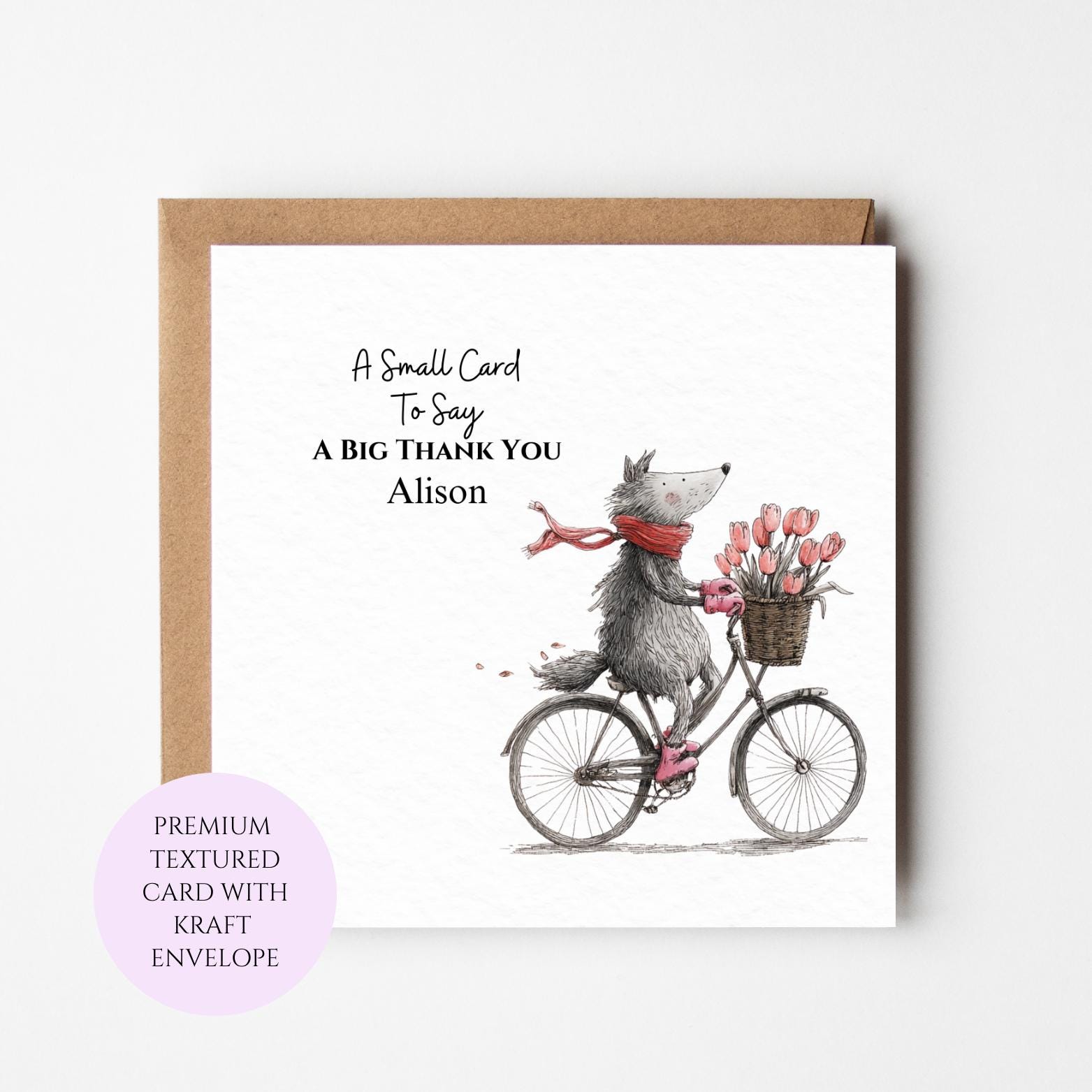 Personalised Dog Bicycle Flowers Thank You Card, Animal Appreciation Greeting Card