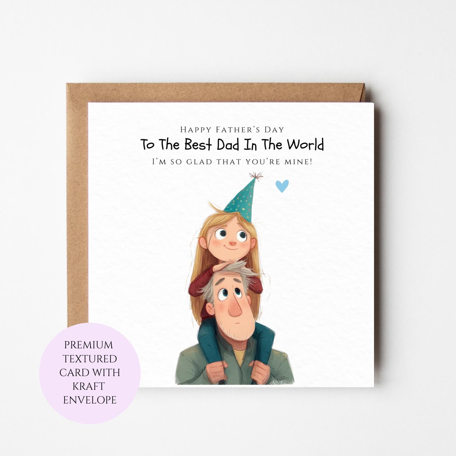 Father Daughter Illustration Card, Happy Father's Day Greeting, Kraft Envelope