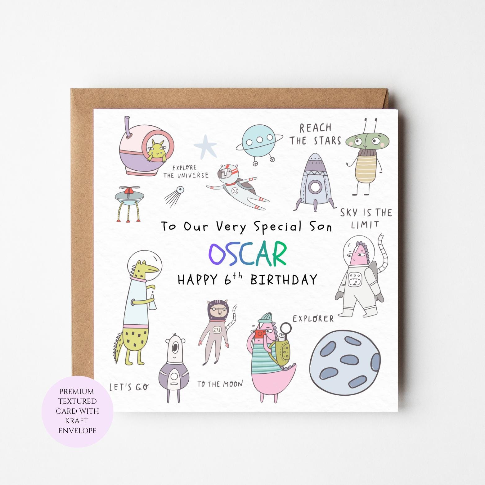 Space Birthday Card for Son: Rocket, Galaxy, Explore Dream Discover