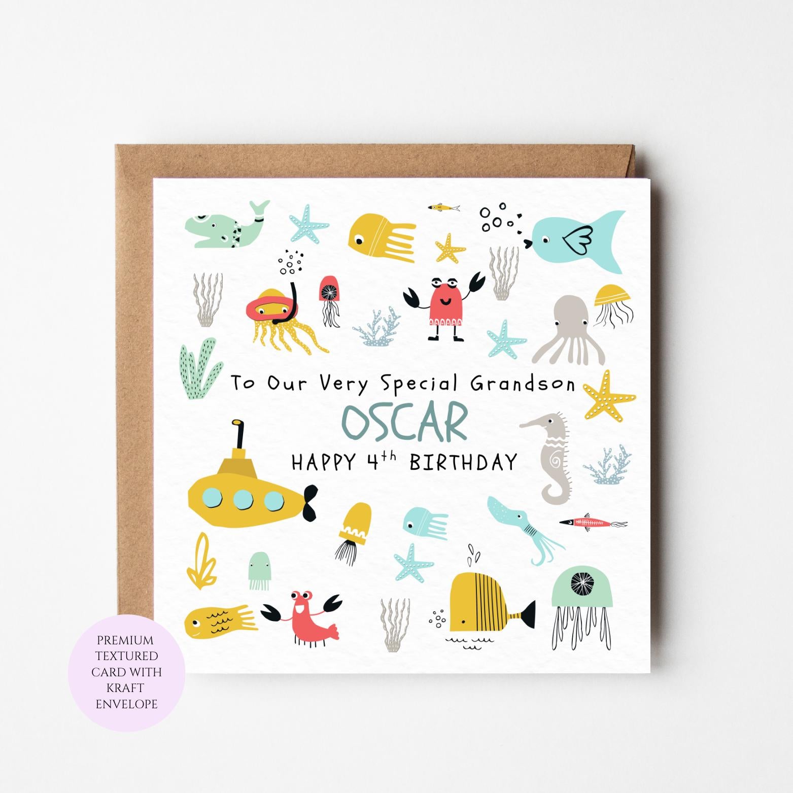 Birthday Card for Grandson: Sea Creatures - Colorful Ocean Theme