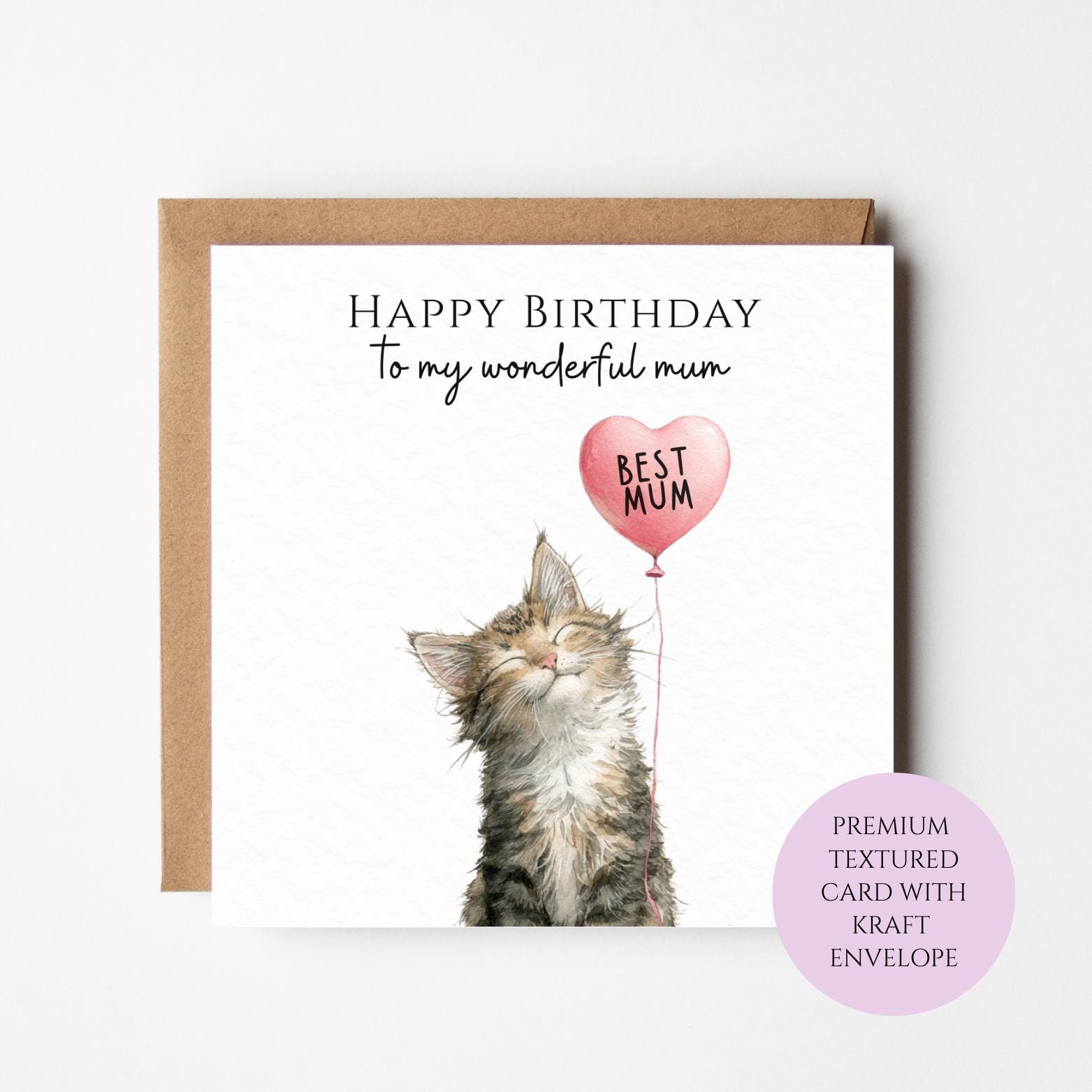 Kitten Birthday Card for Mum: Watercolor Cat with Mum Balloon