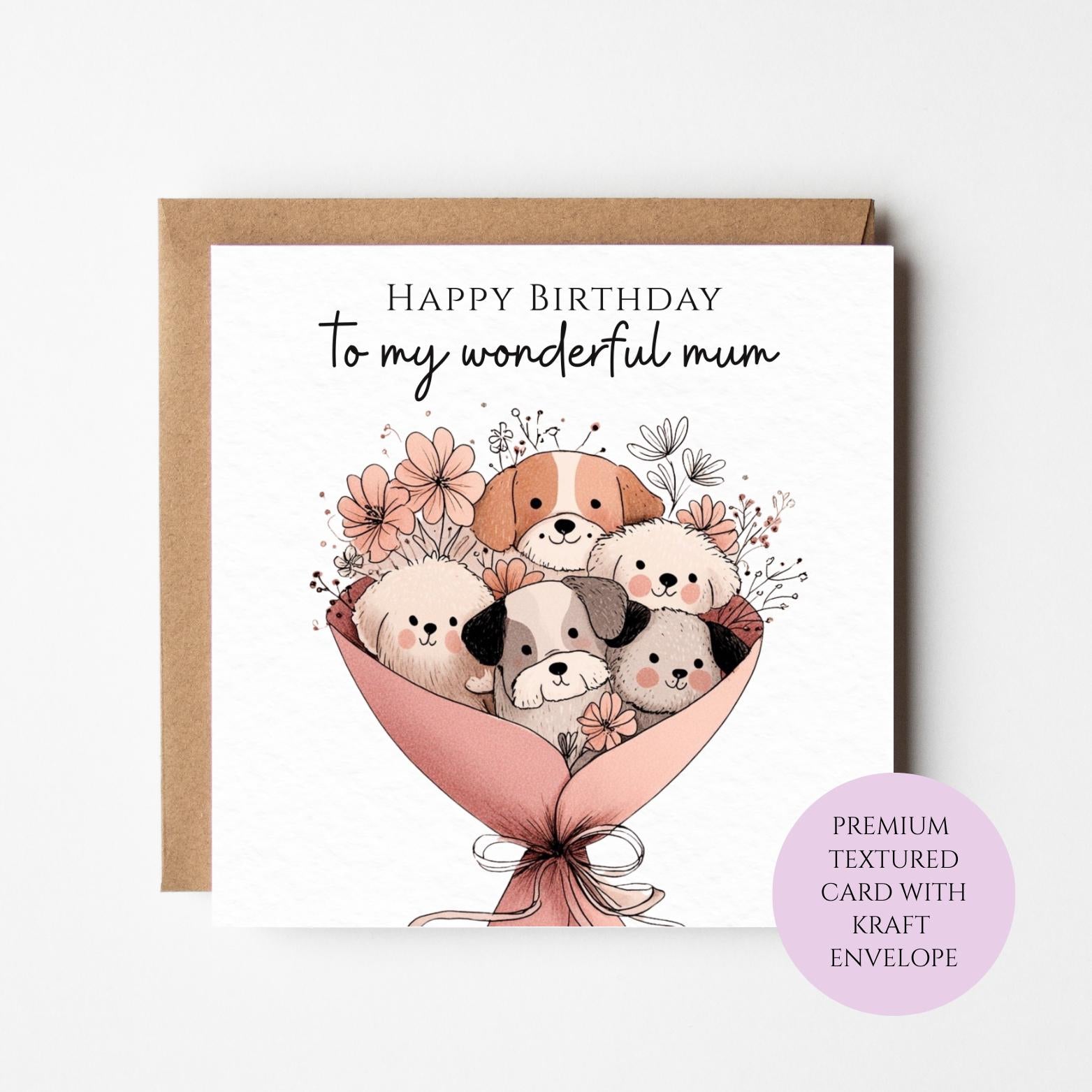 Puppy Bouquet Birthday Card for Mum – Dog Lover Floral Greeting (Textured Cardstock)