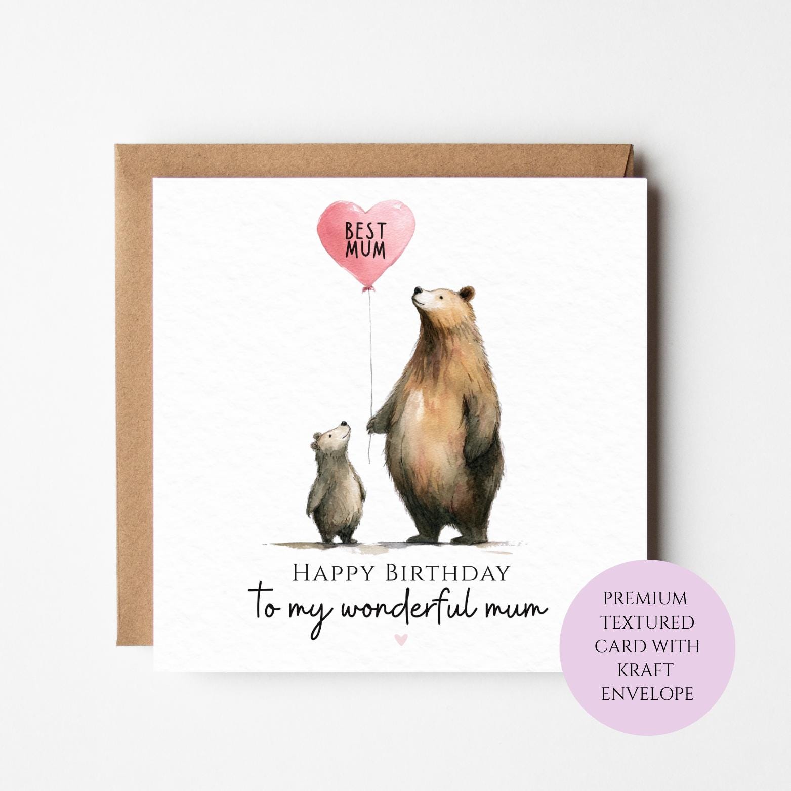 Mum Birthday Card: Bear and Cub with Heart Balloon (Watercolor)