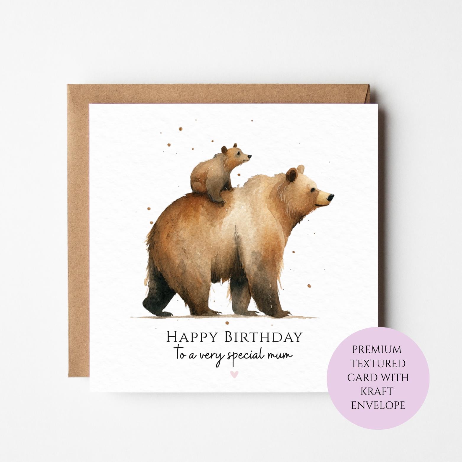 Birthday Card for Mum: Watercolor Bear and Cub - Textured Paper