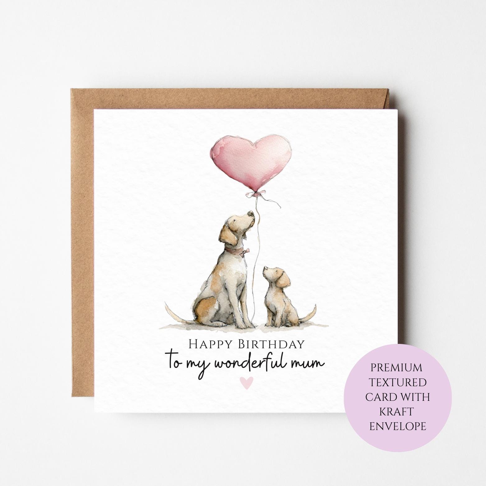 Dog Lover Birthday Card, Puppies and Heart Balloon (Blank Inside)