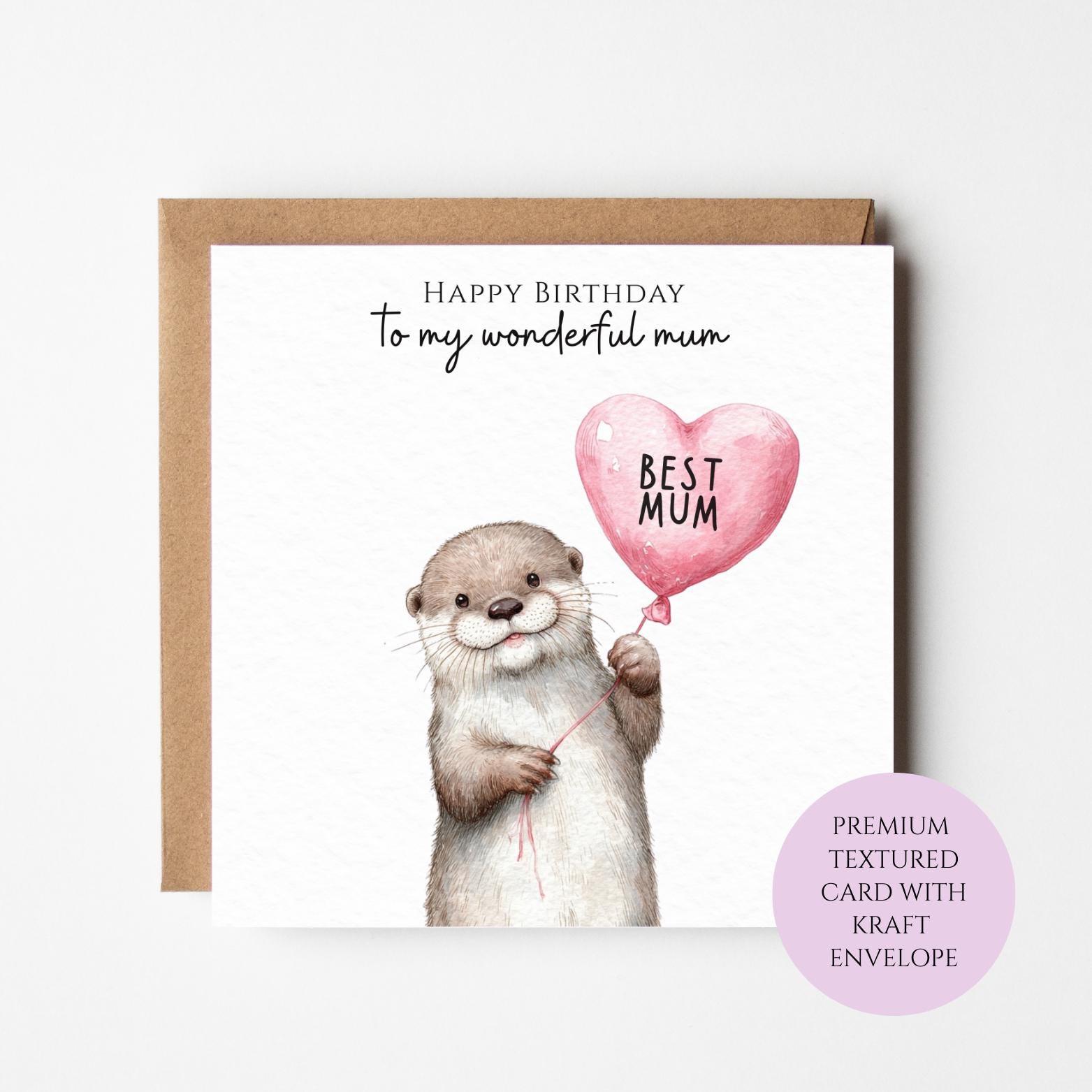Mum Birthday Card: Otter Holding Balloon (Watercolor, Blank Inside)