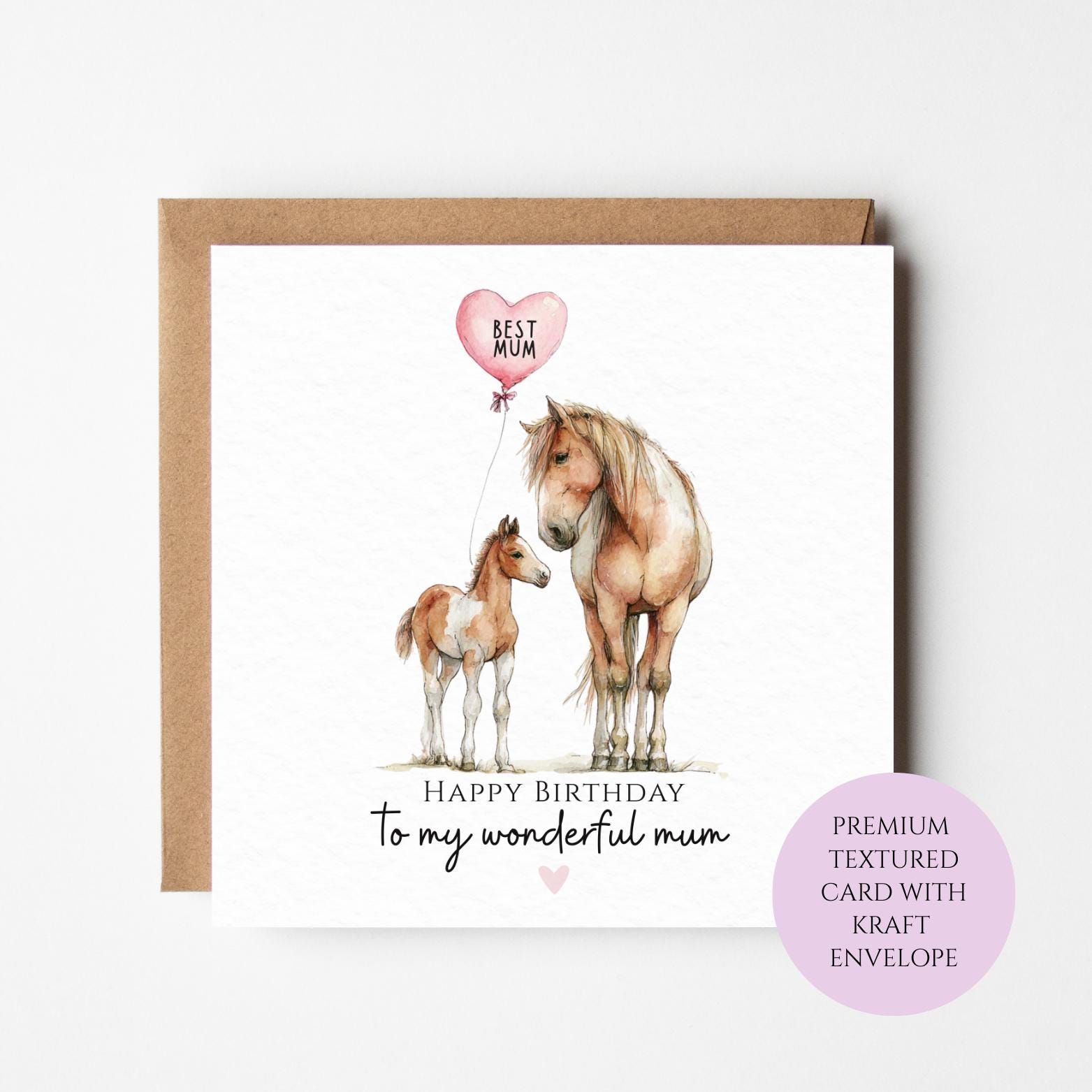 Birthday Card for Mum: Horse and Foal Watercolor - Animal Lover Design